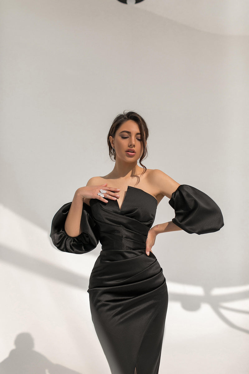 Black Satin Puff-Sleeve Midi Dress – ELAGIA