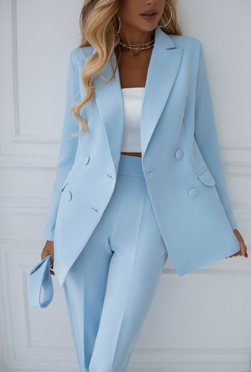 Sky-Blue Belted Double Breasted Suit 2-Piece – ELAGIA