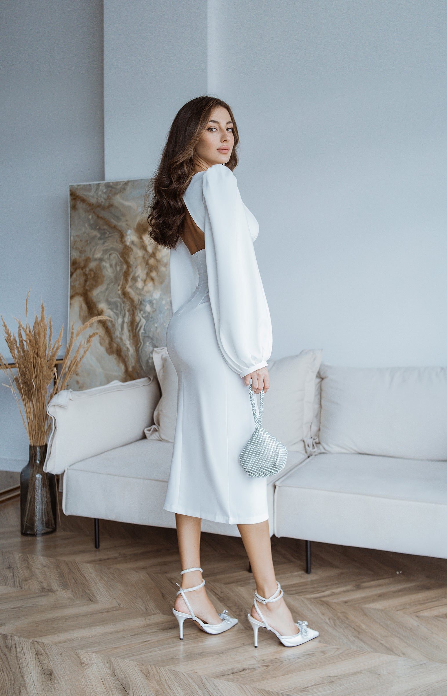 Ivory Backless Puff Sleeve Midi Dress