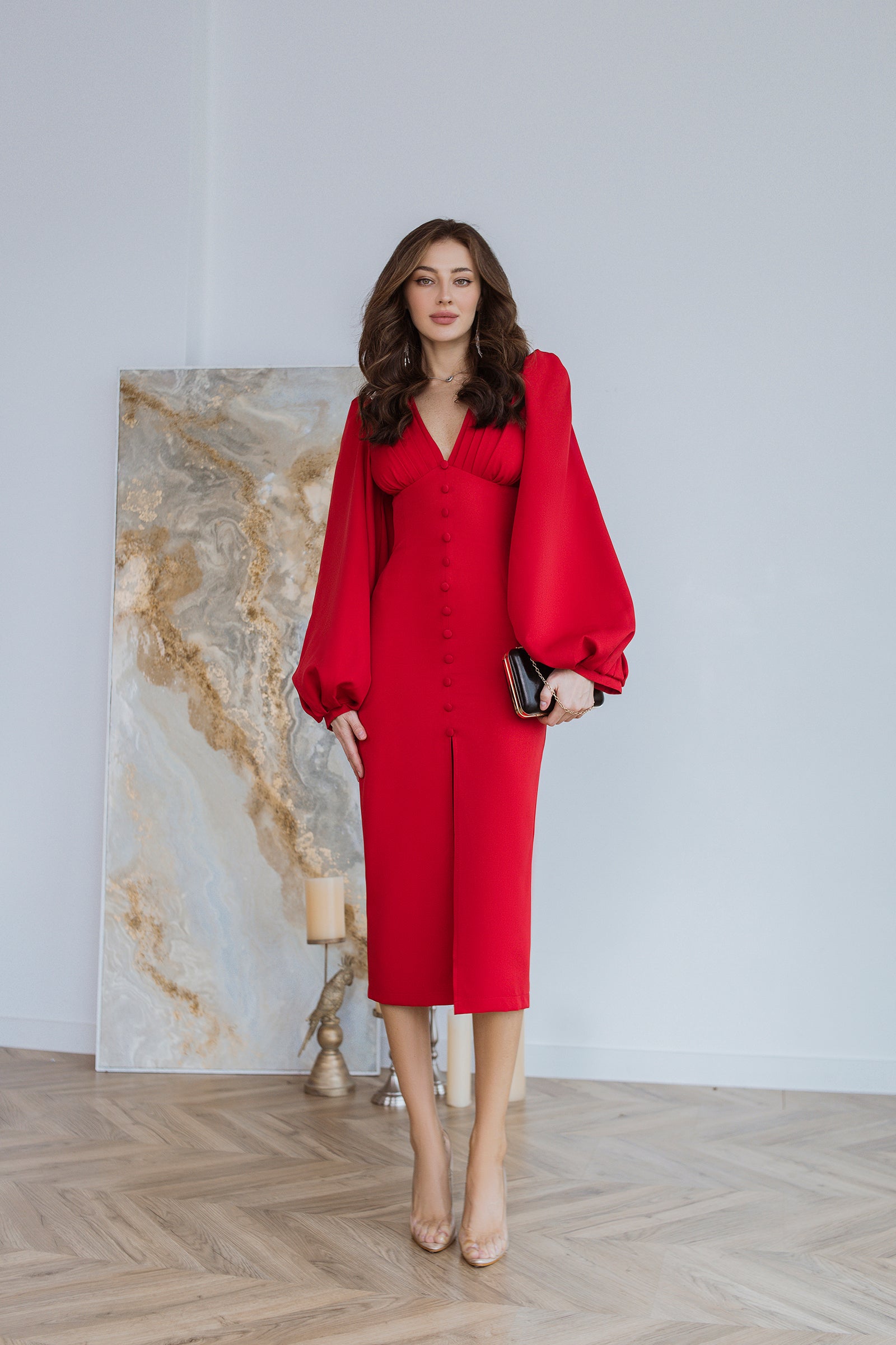 Red Backless Puff Sleeve Midi Dress