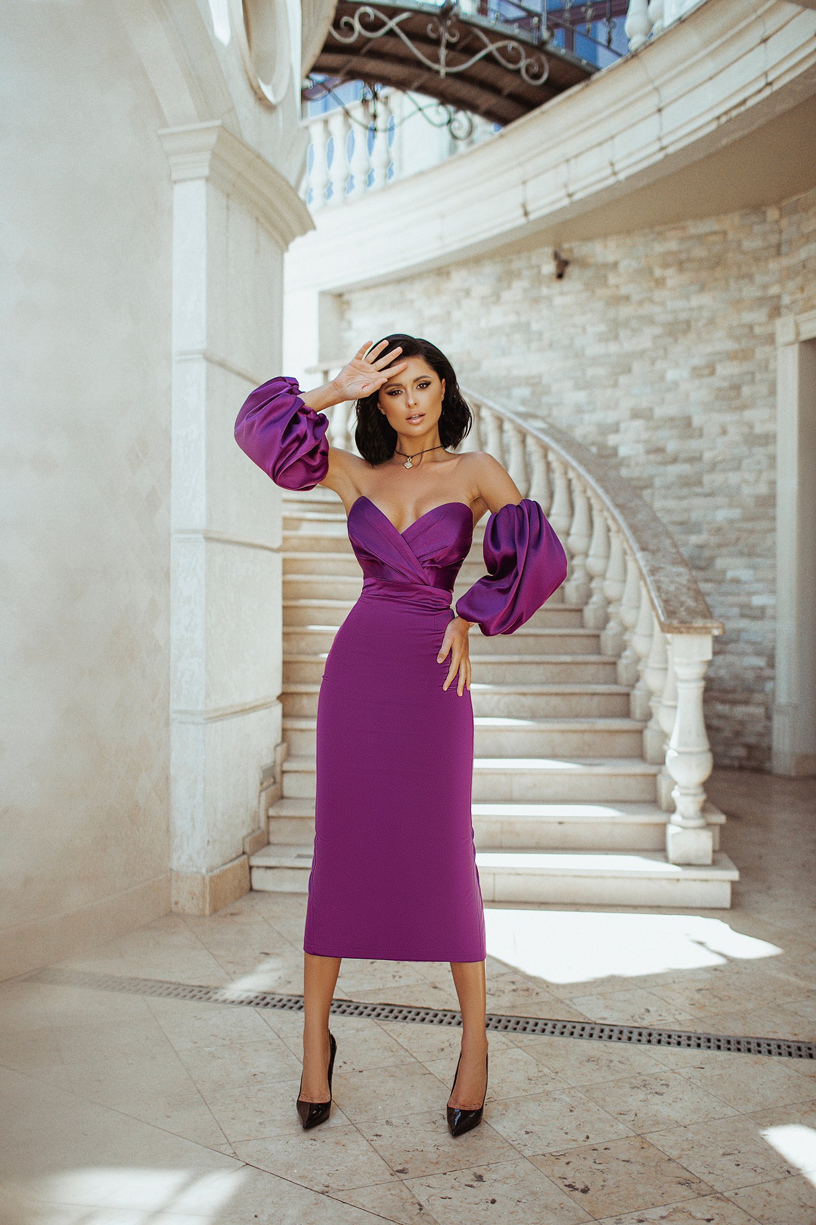 Purple Puffed Sleeve Midi Dress