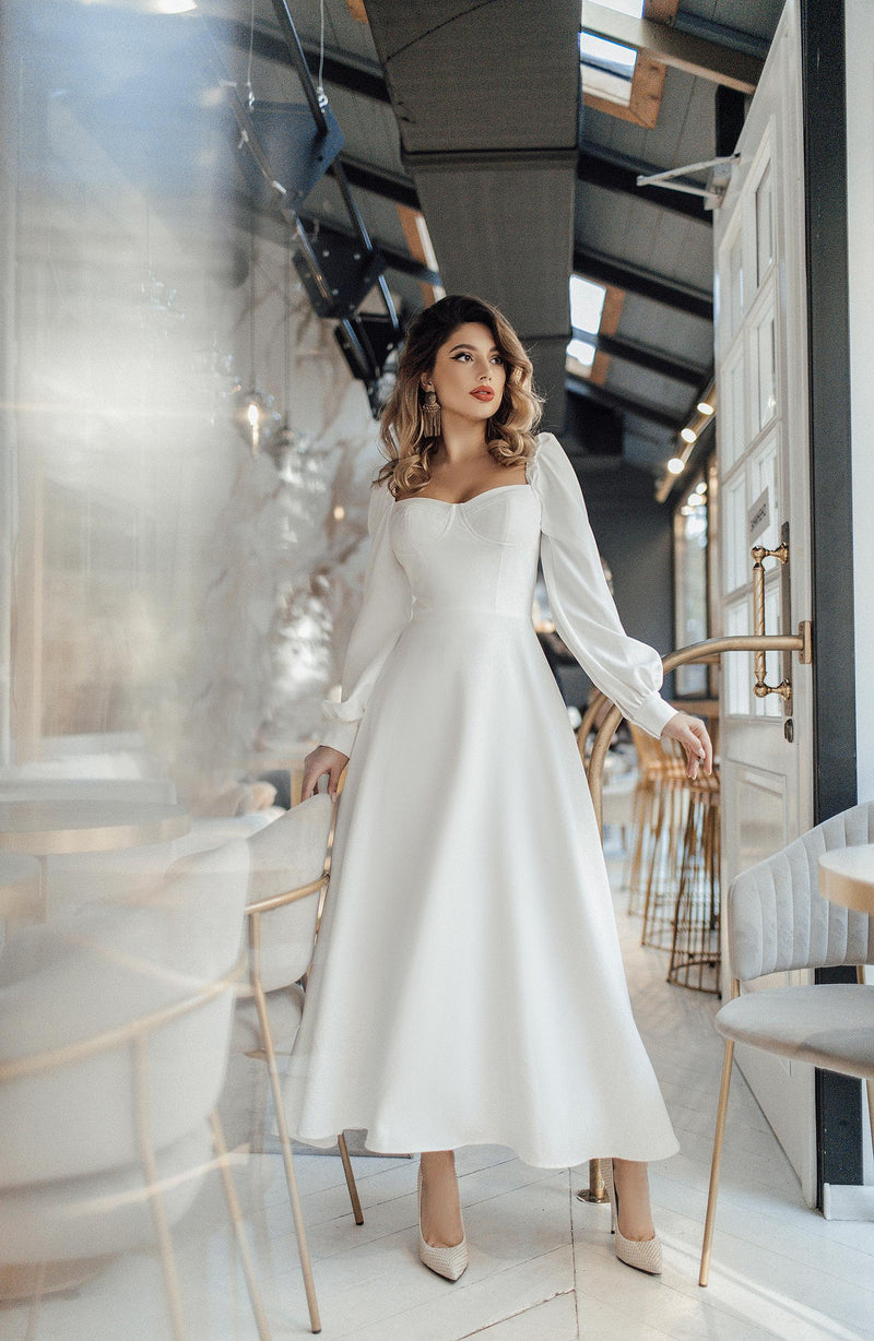 Ivory Puff-Sleeve Midi Dress – ELAGIA