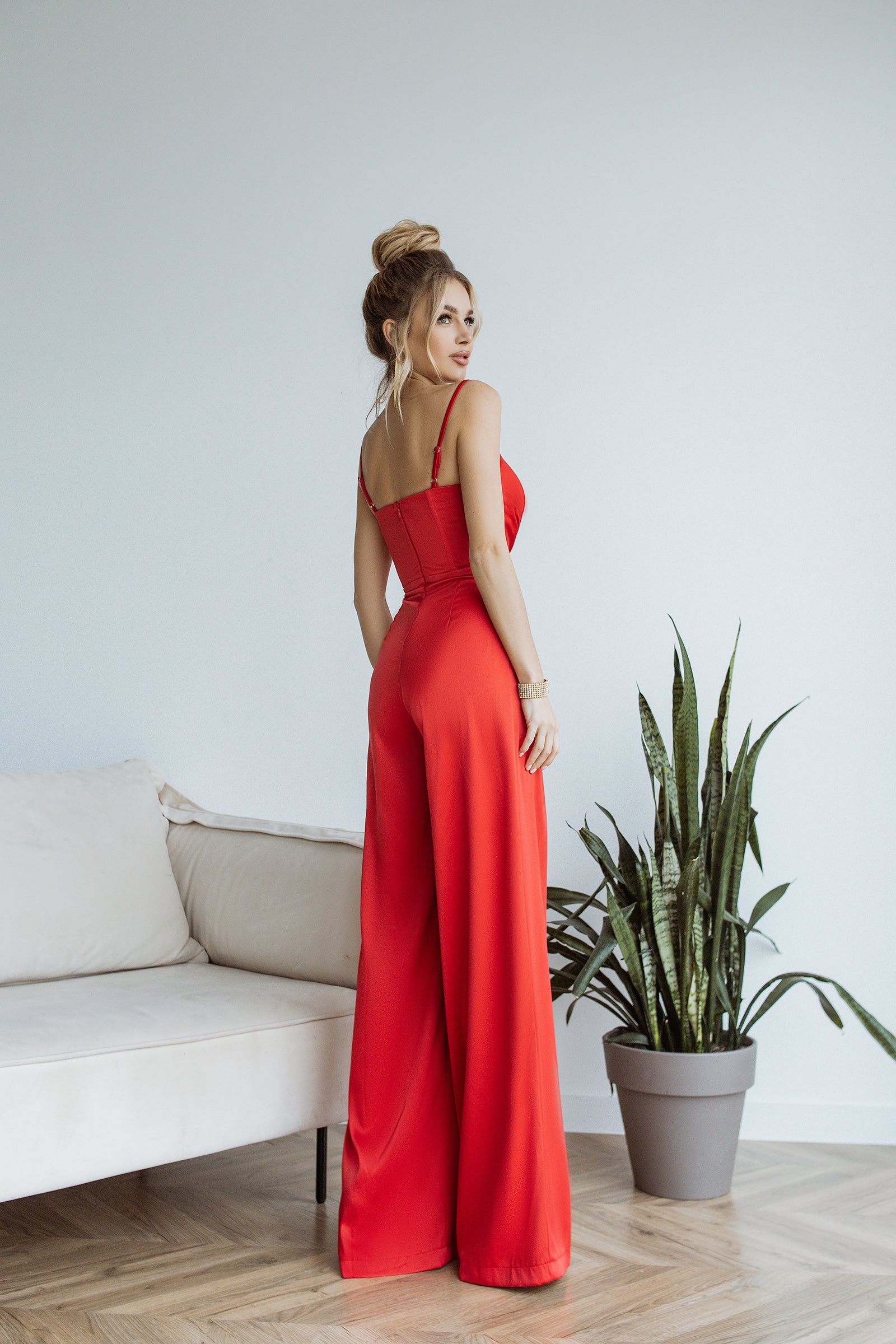 Red Satin Wide-Leg Jumpsuit