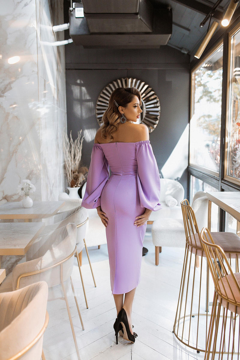 Lavender Puff-Sleeve Midi Dress – ELAGIA