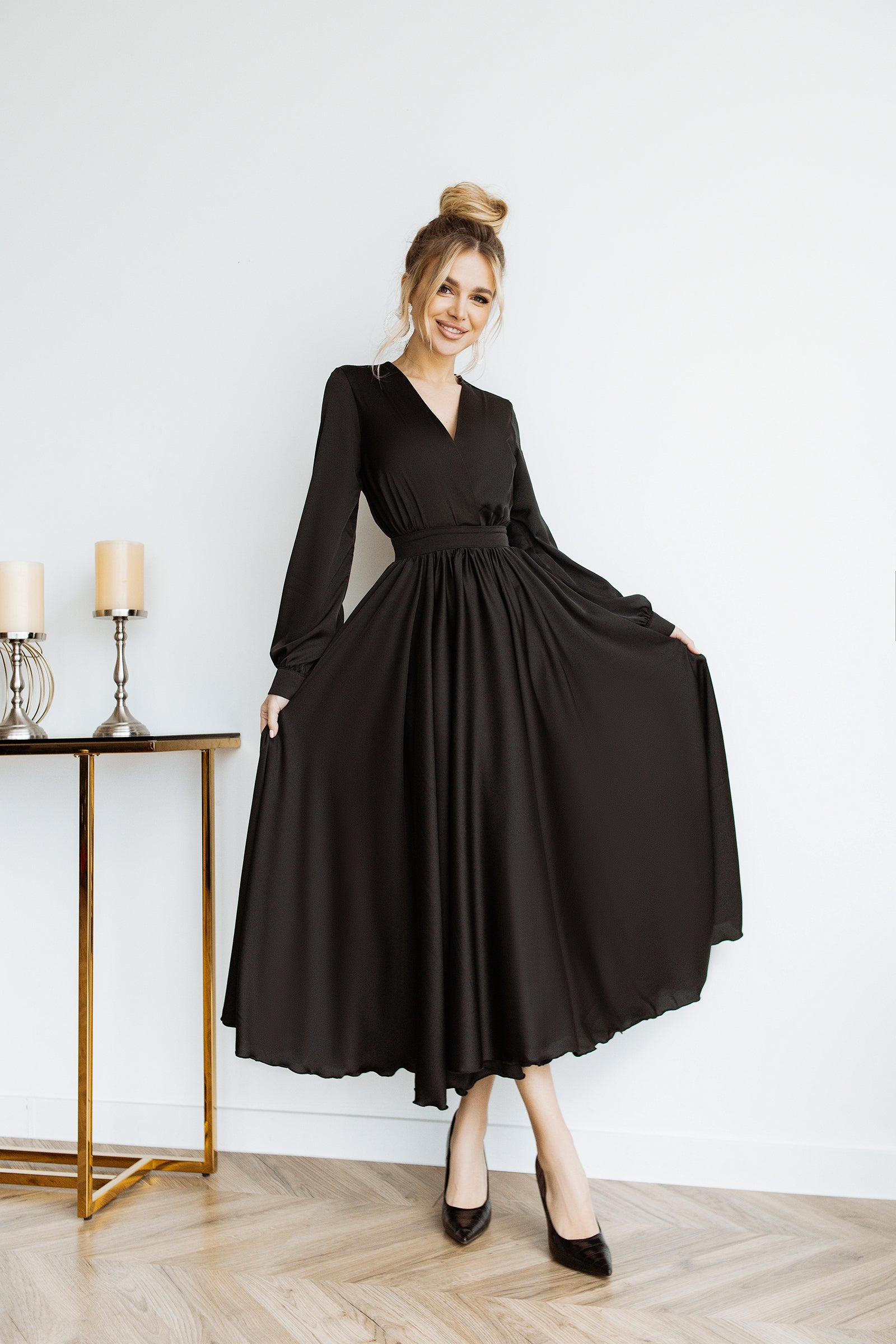 Black Silk Long Sleeve Maxi Dress