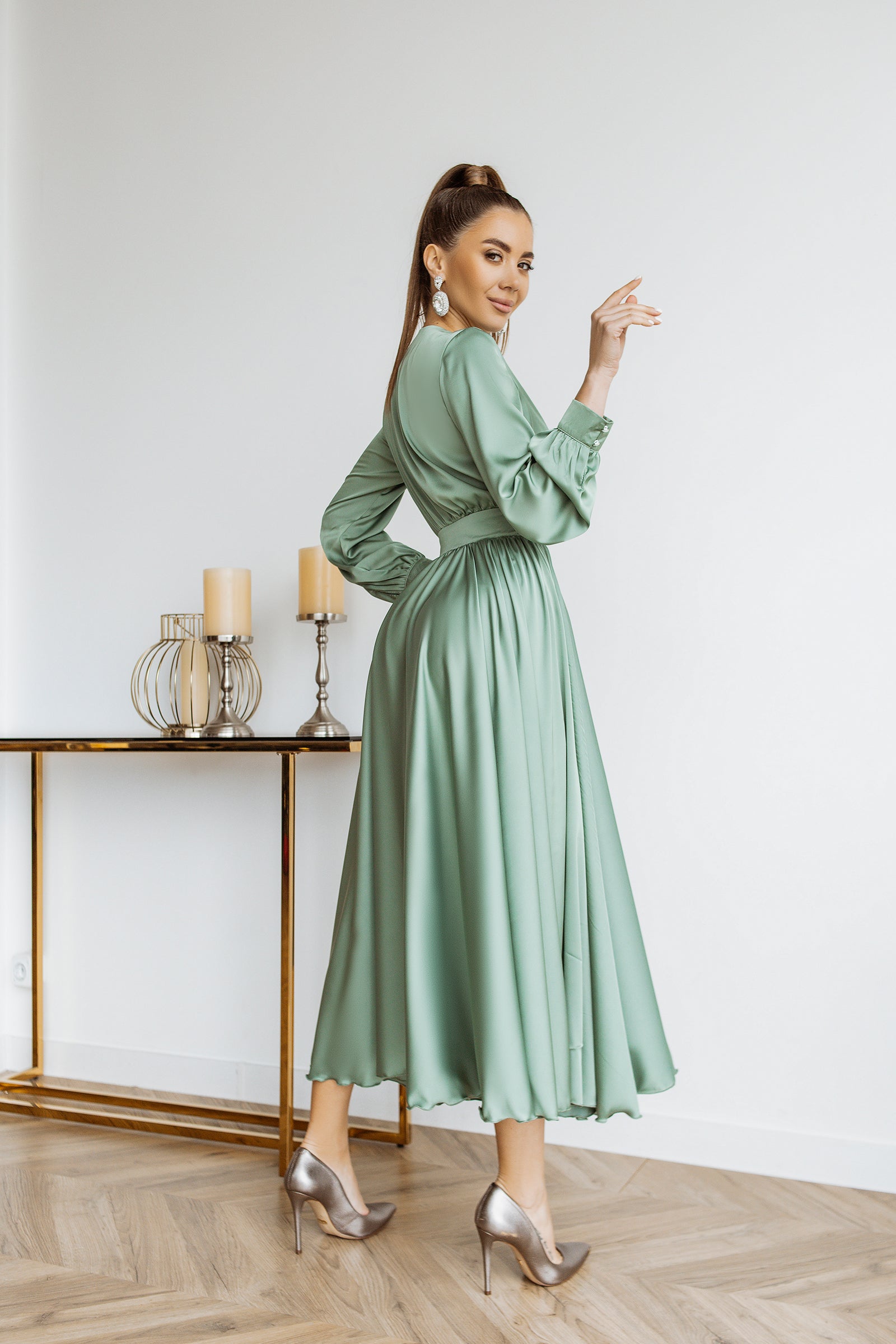 Olive Silk Long Sleeve Maxi Dress