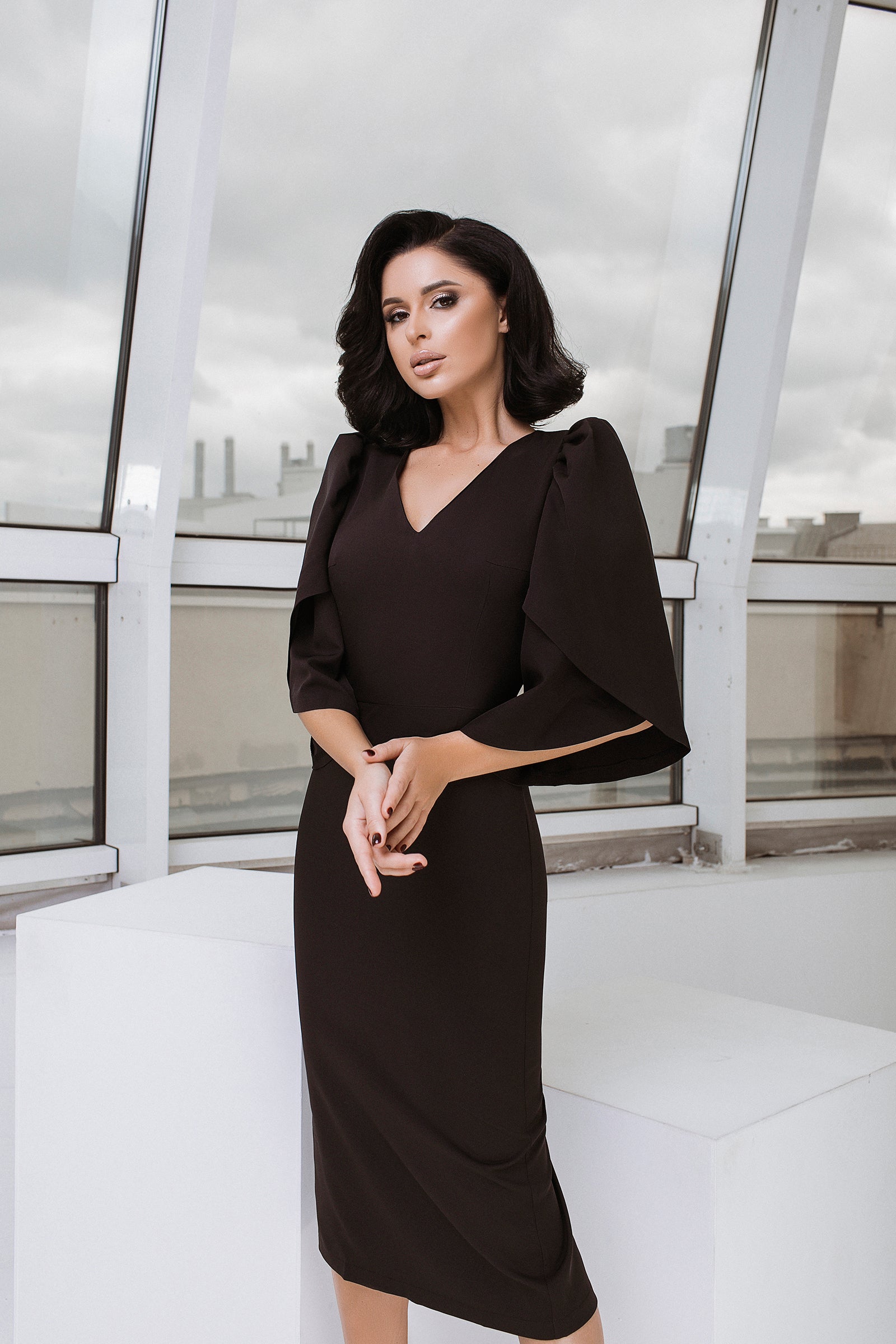 Black V-Neck Bell Sleeve Midi Dress