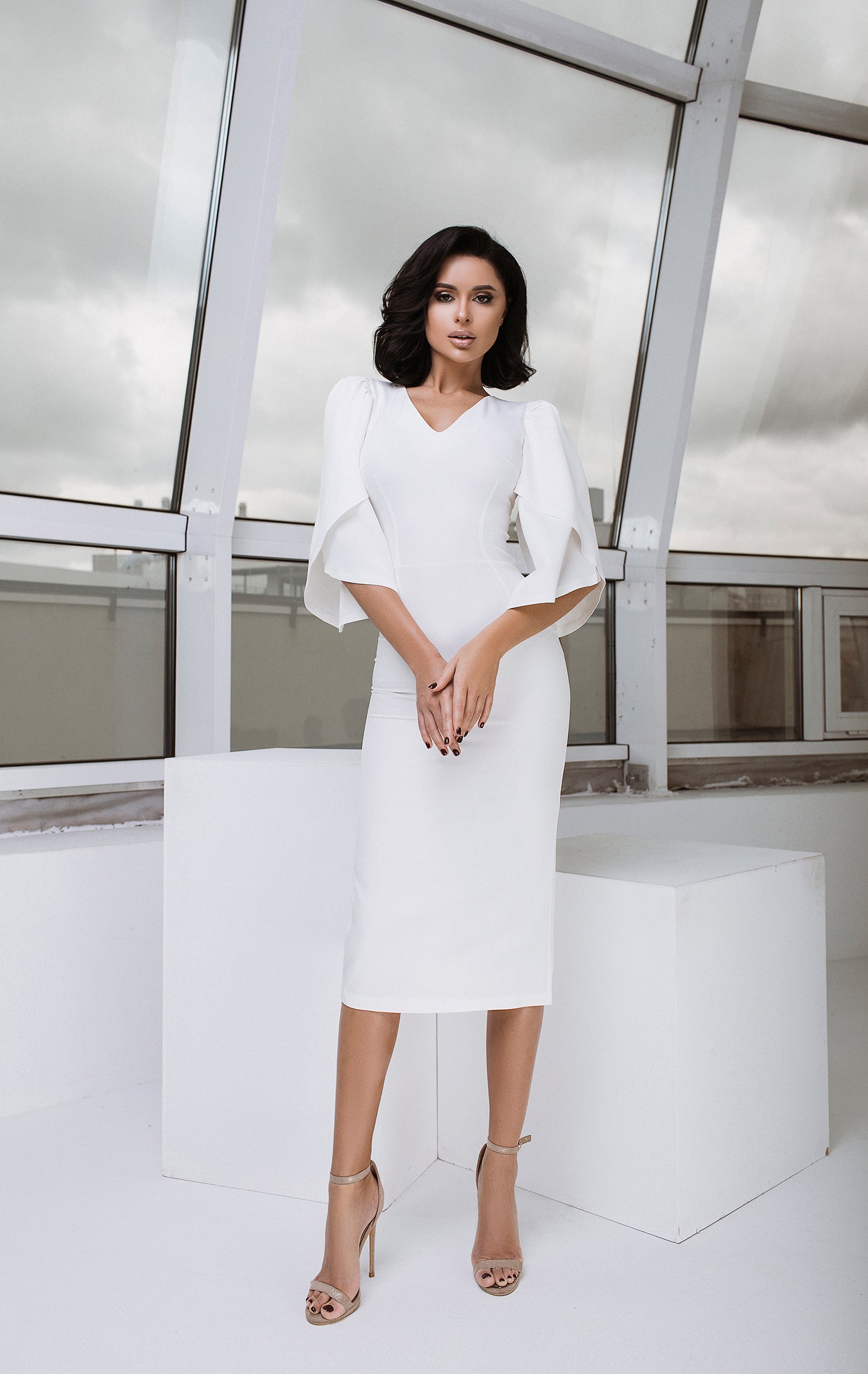 White V-Neck Bell Sleeve Midi Dress