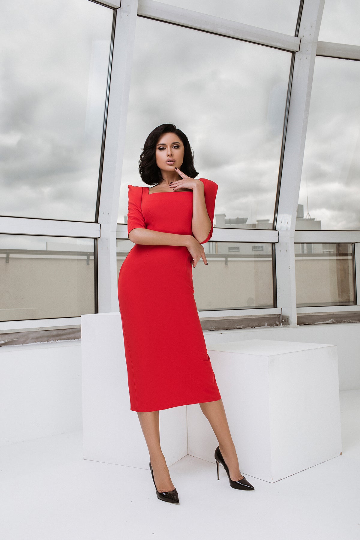 Red Square Neckline Midi Dress