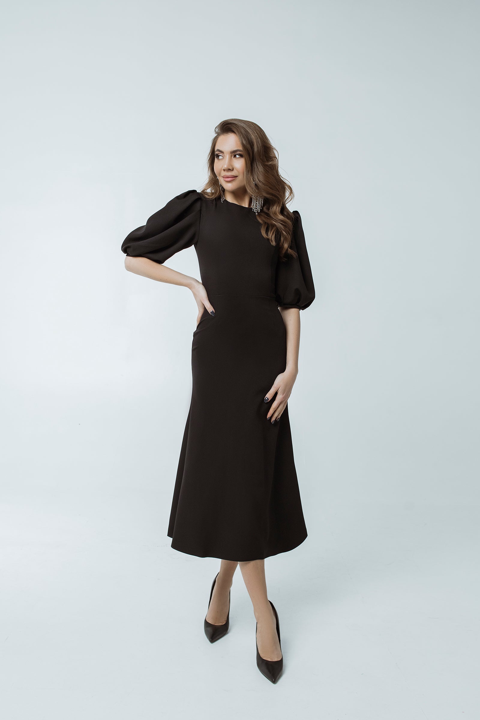 Black Puff Sleeve Midi Dress