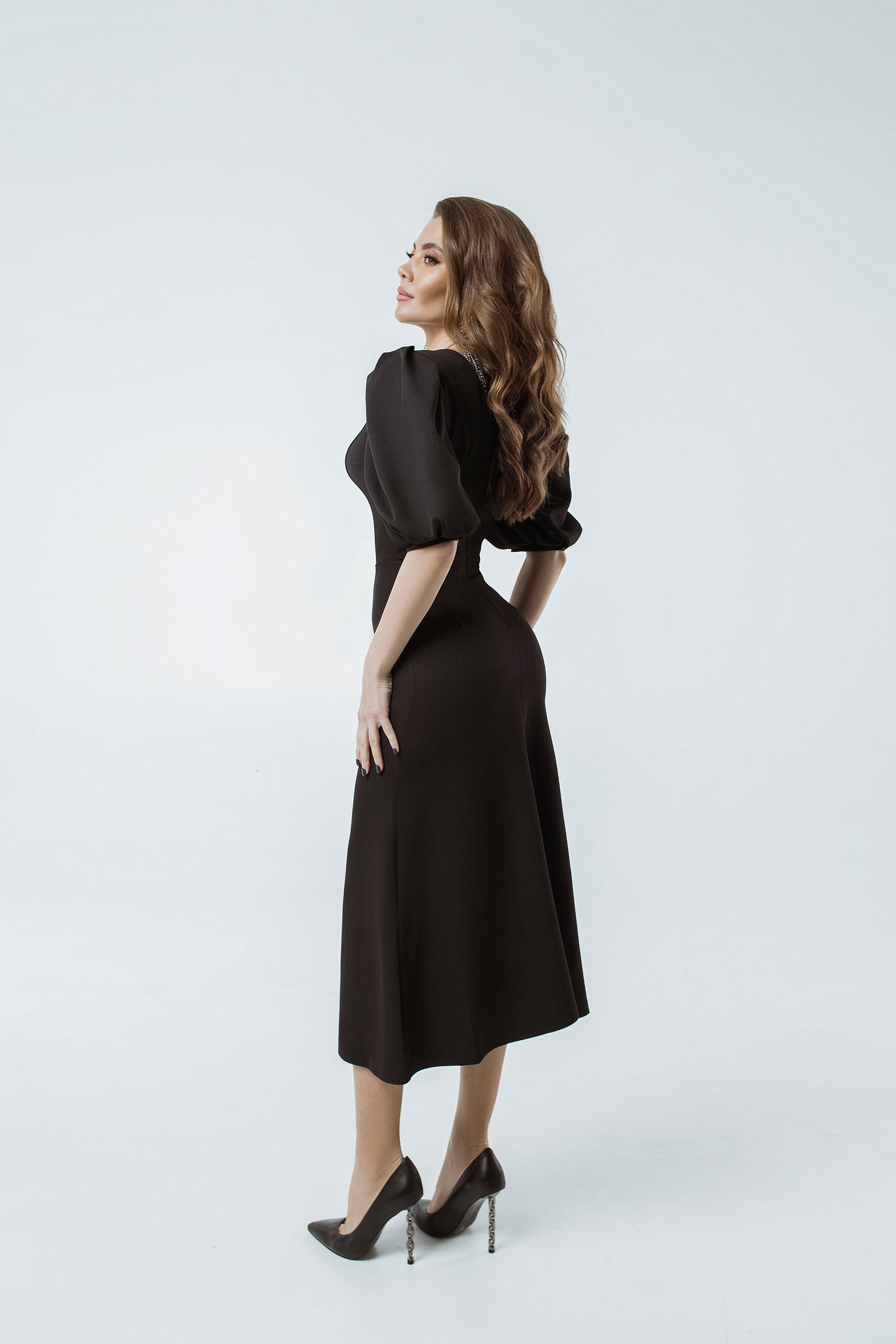 Black Puff Sleeve Midi Dress