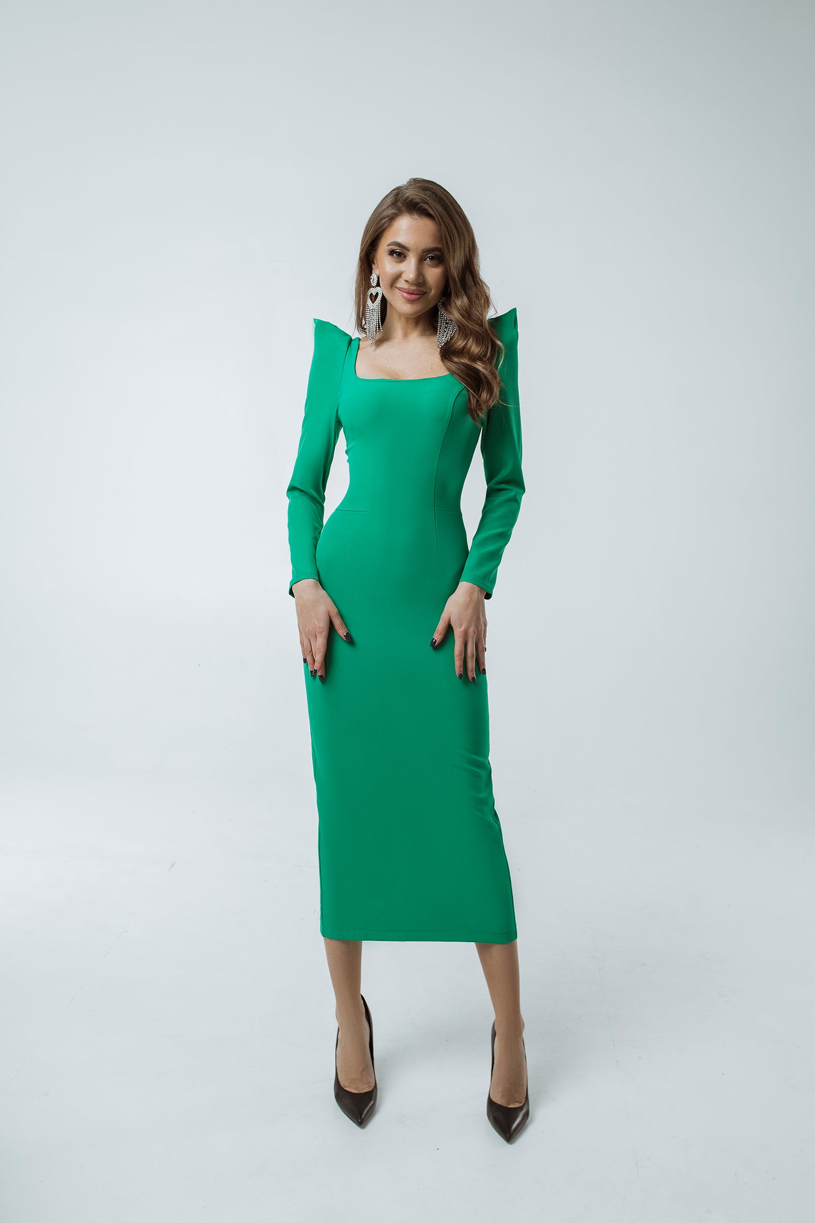 Green Square Neck Long Sleeve Midi Dress