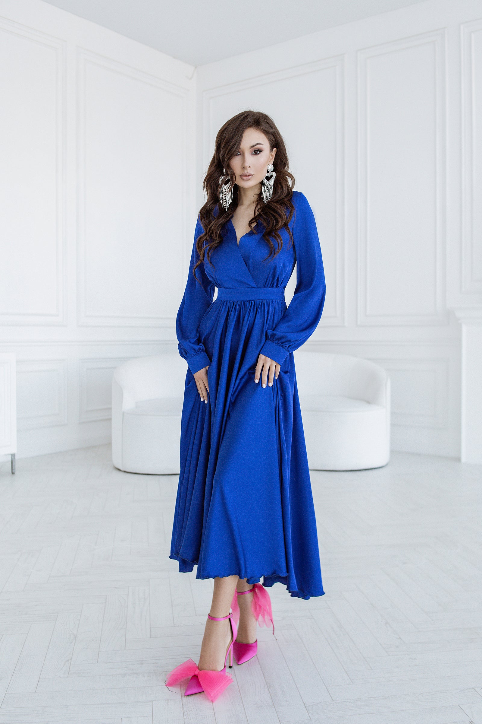 Blue Silk Long Sleeve Maxi Dress