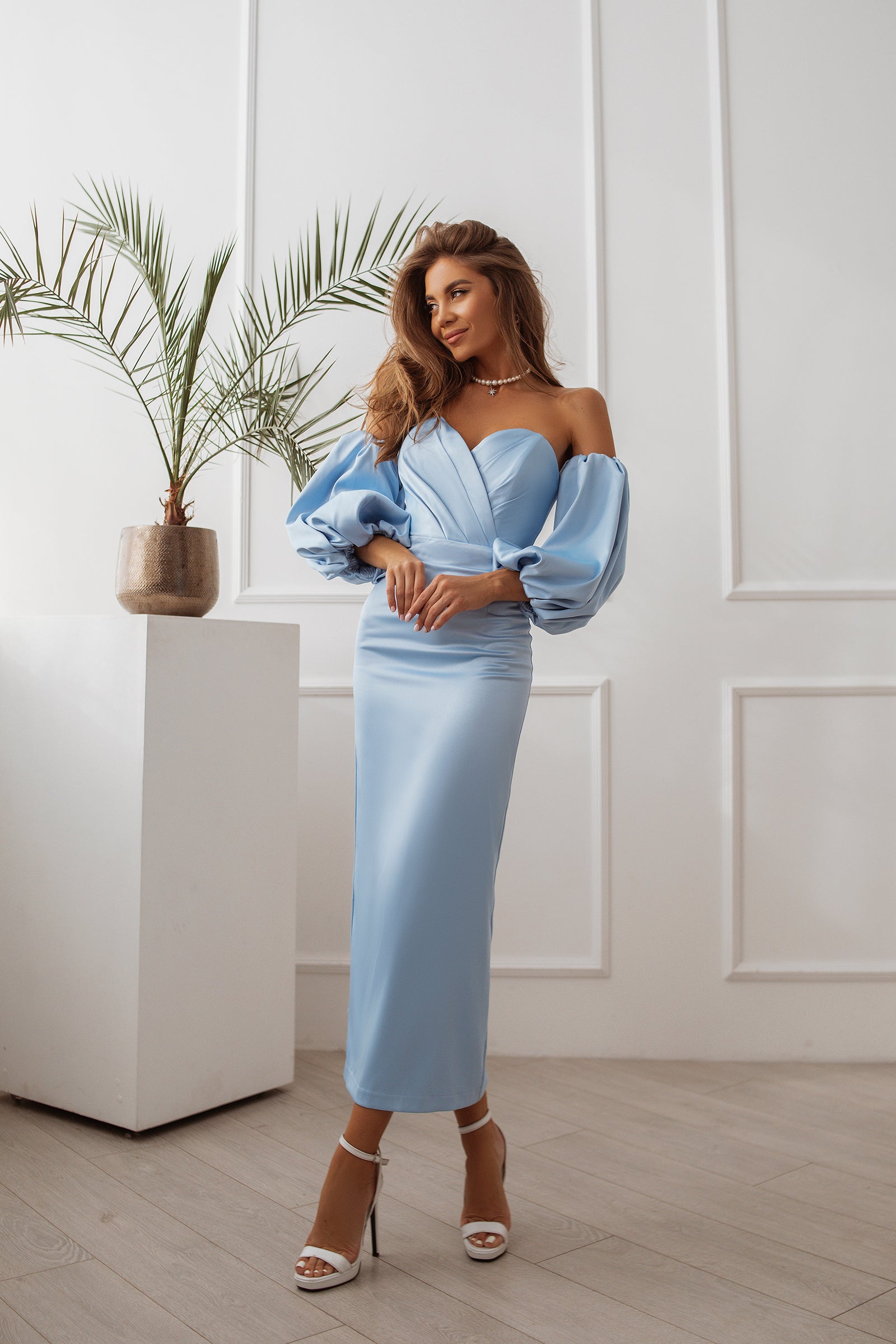 Sky-Blue Puffed Sleeve Midi Prom Dress