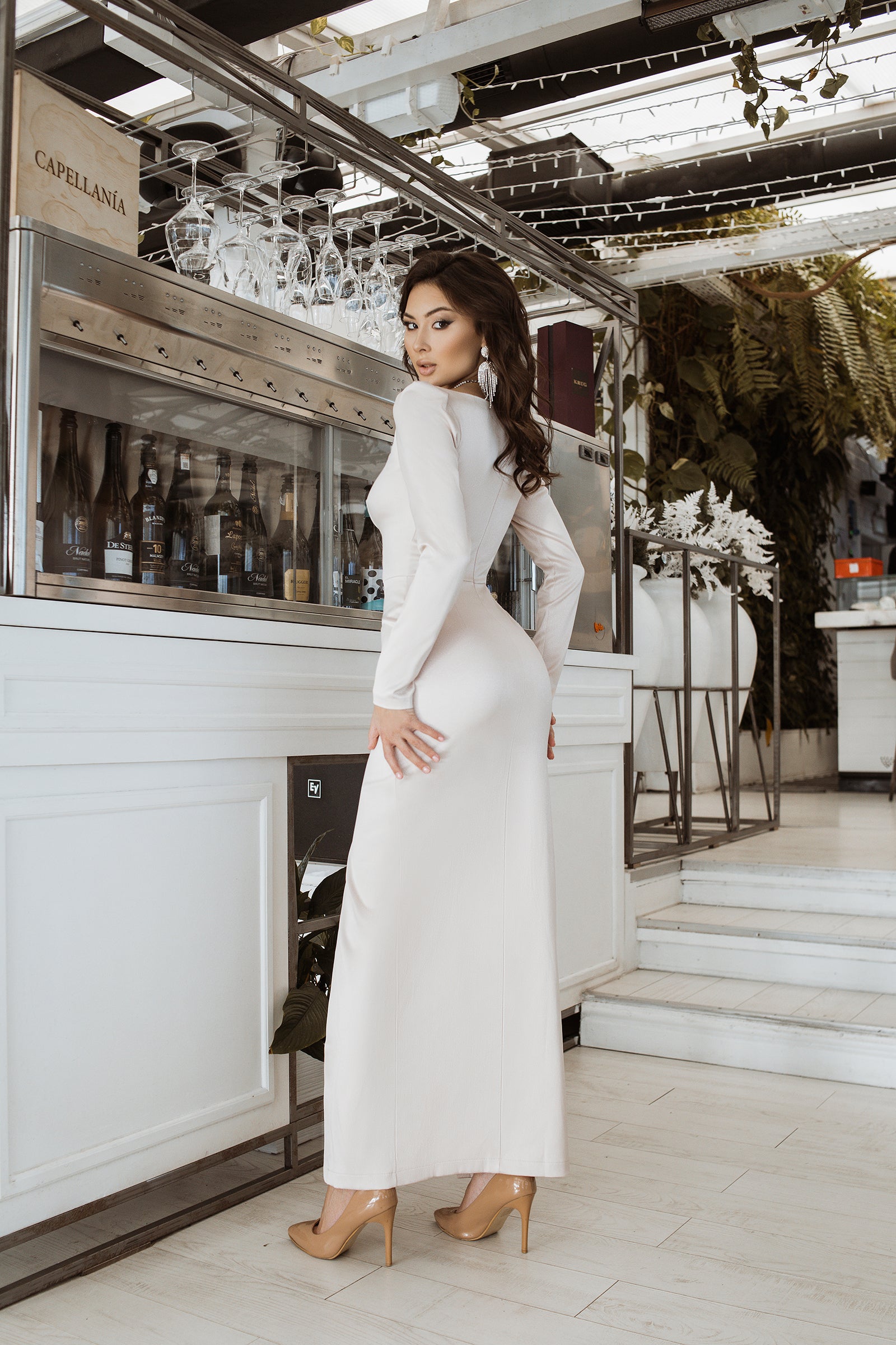 Beige Satin Long Sleeve Maxi Dress