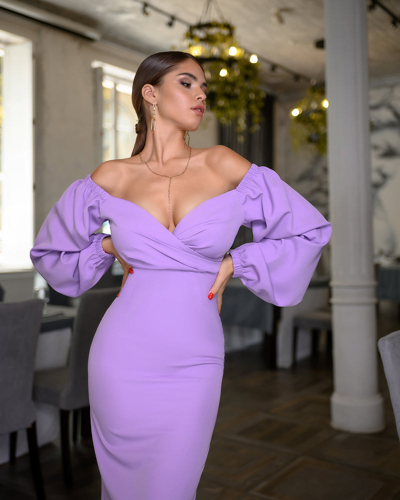 Lavender Puff-Sleeve Midi Dress – ELAGIA