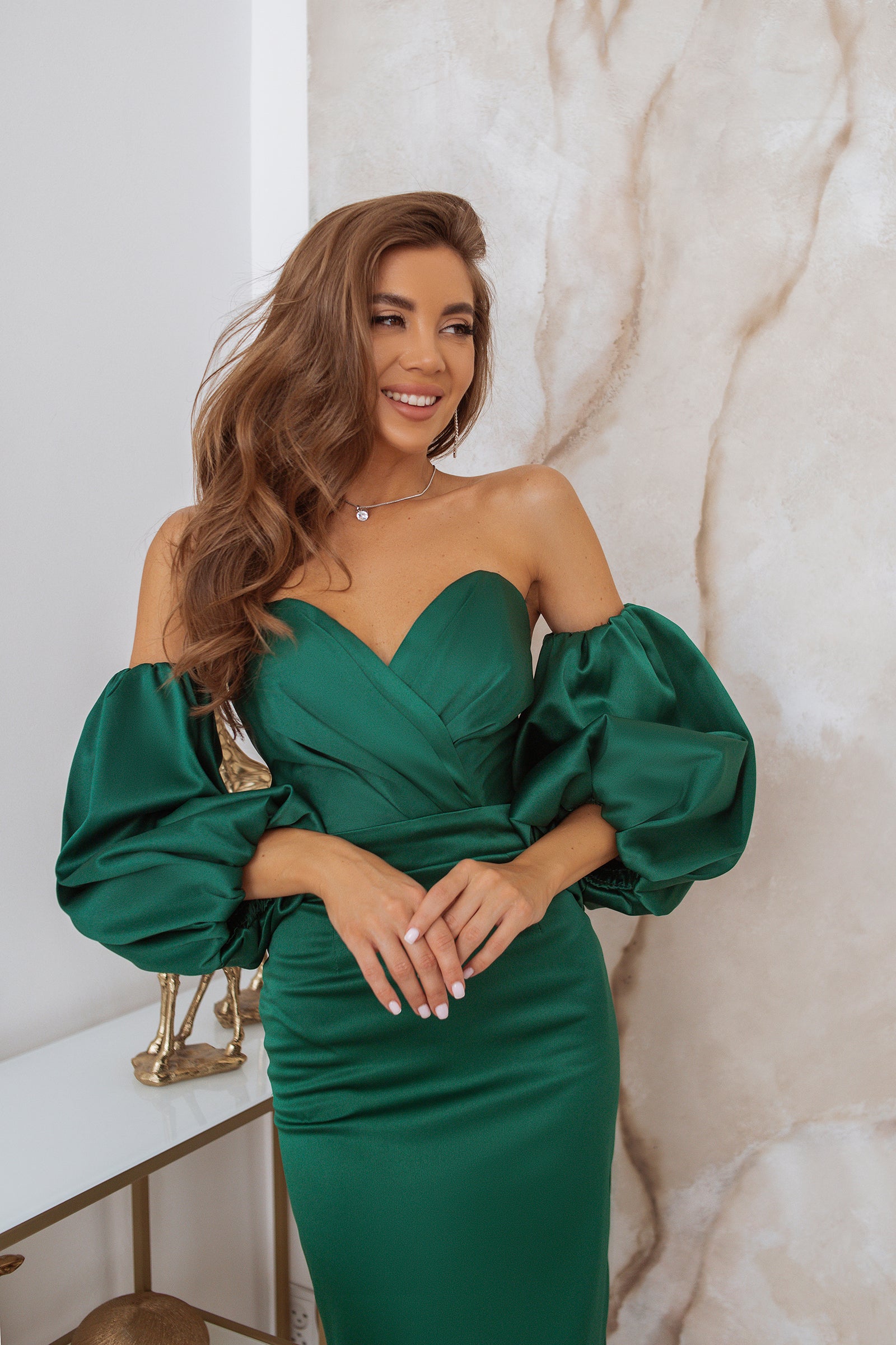 Emerald Puffed Sleeve Midi Prom Dress – ELAGIA