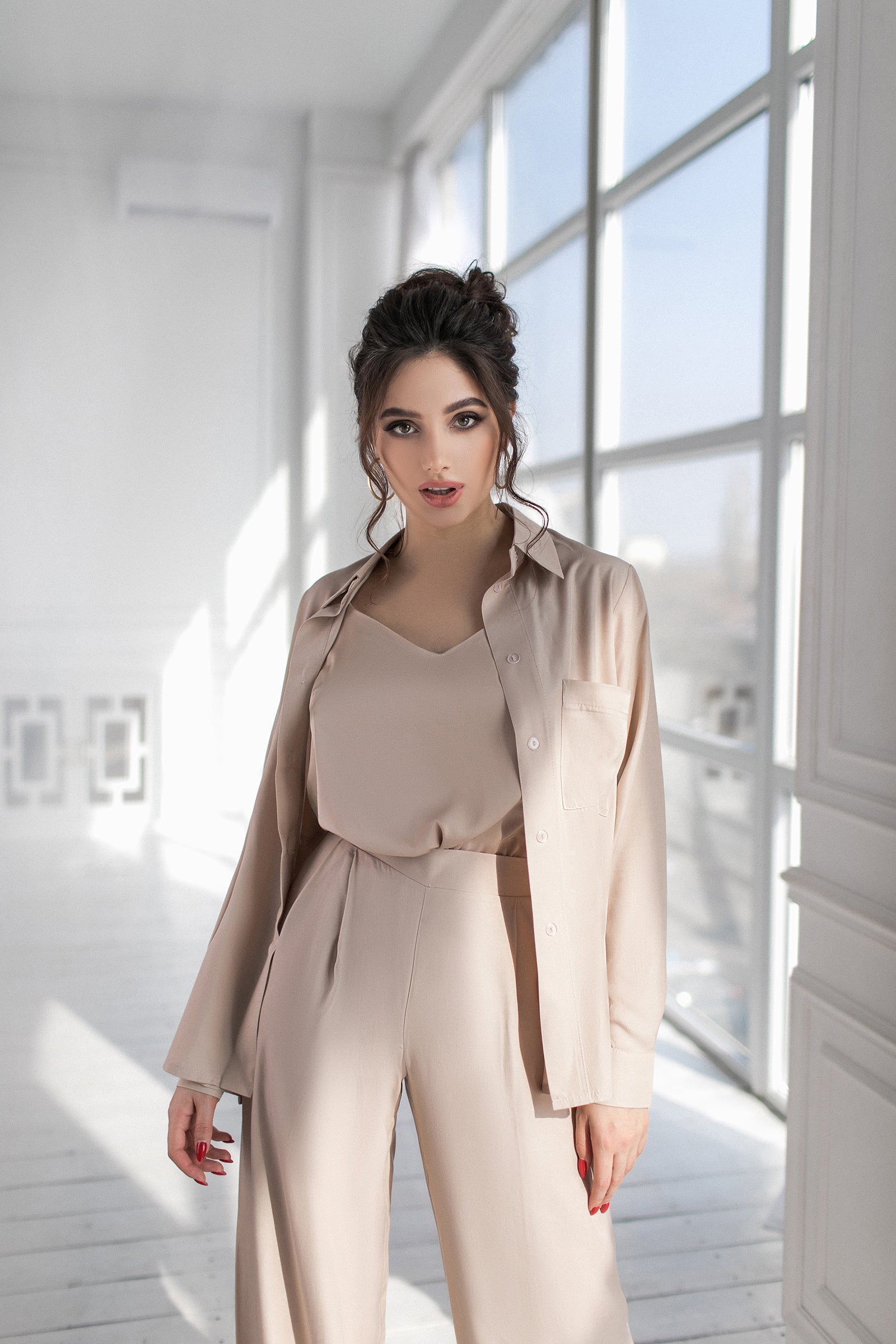 Beige Shirt & High Waist Pants 2-Piece Set