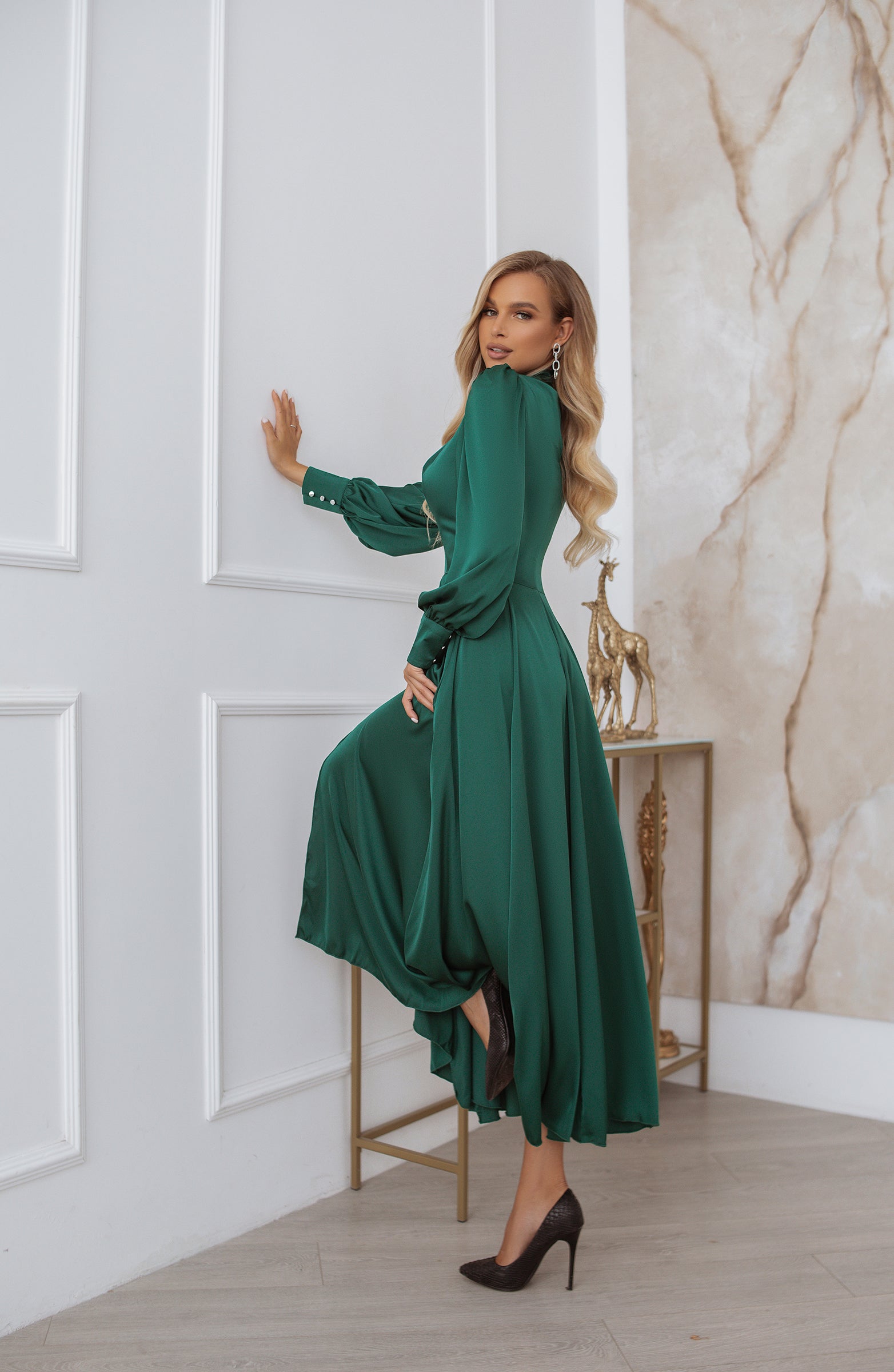 Emerald Silk Long Sleeve Maxi Dress