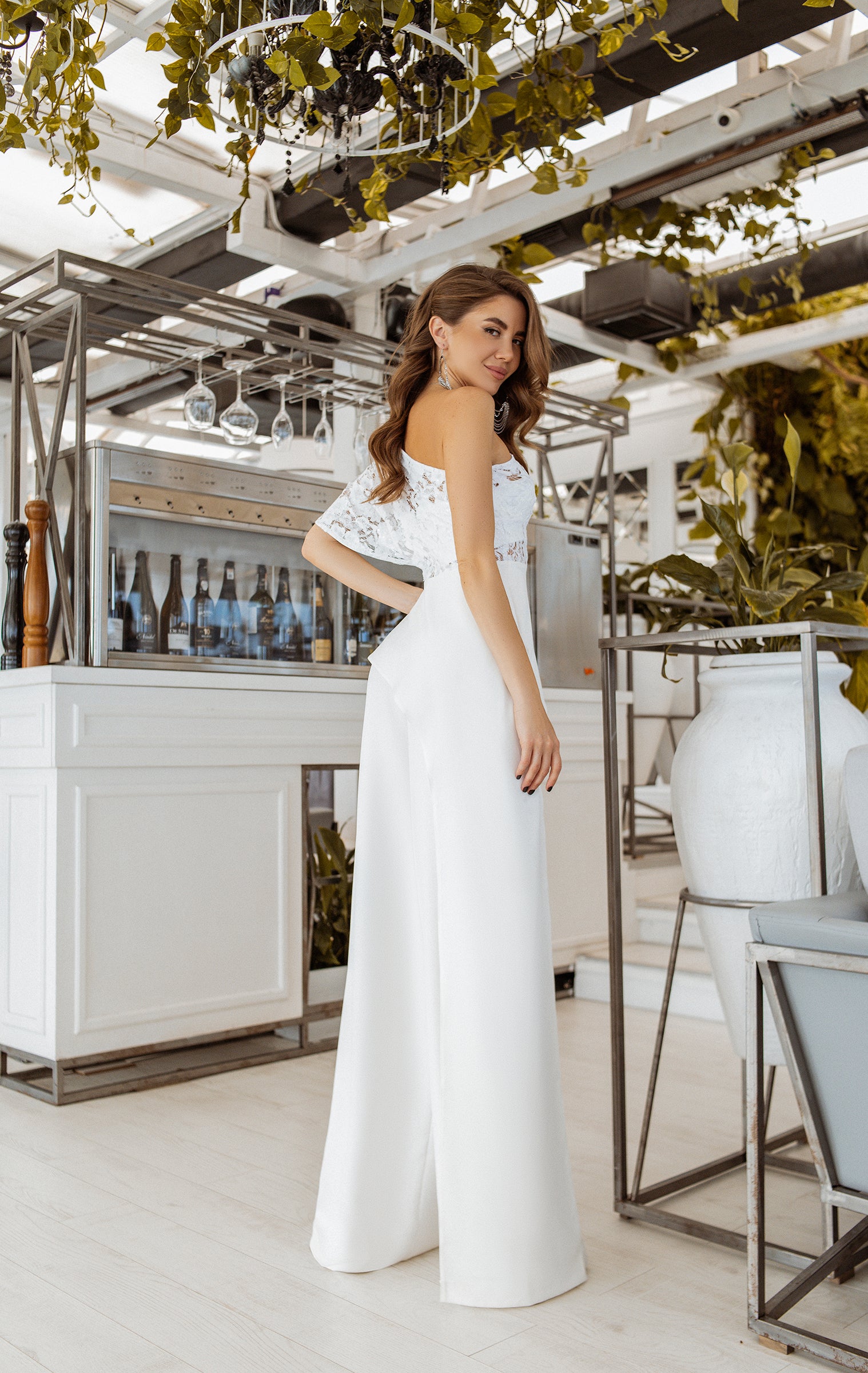 Alexa White  Evening One-Shoulder Gown Jumpsuit