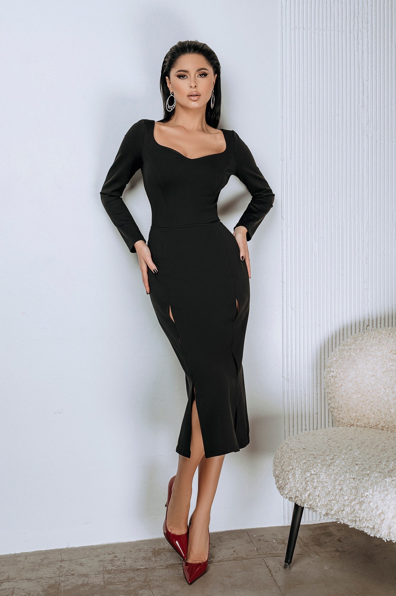 Black Long Sleeve Midi Dress