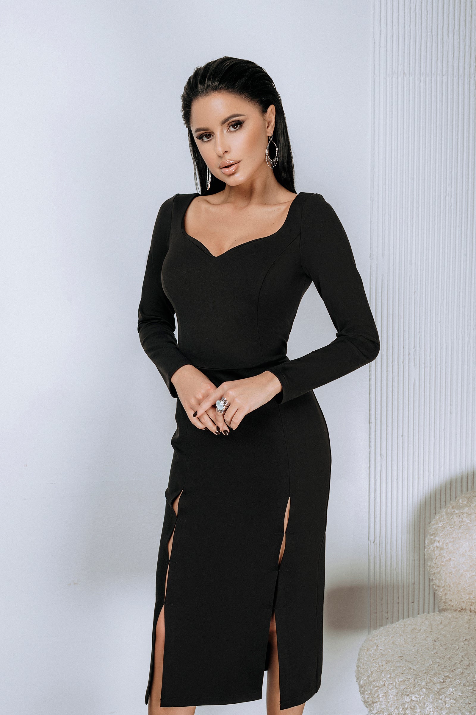 Black Long Sleeve Midi Dress