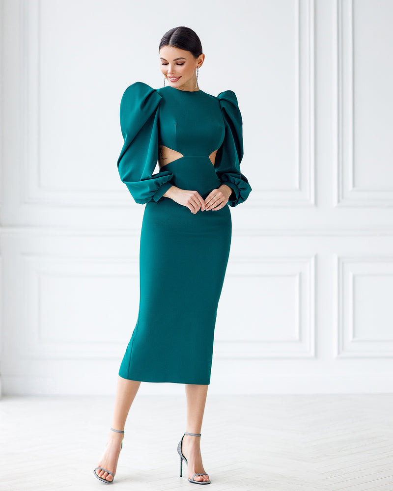 Green Backless Cut-Out Puff-Sleeve Midi Dress – ELAGIA