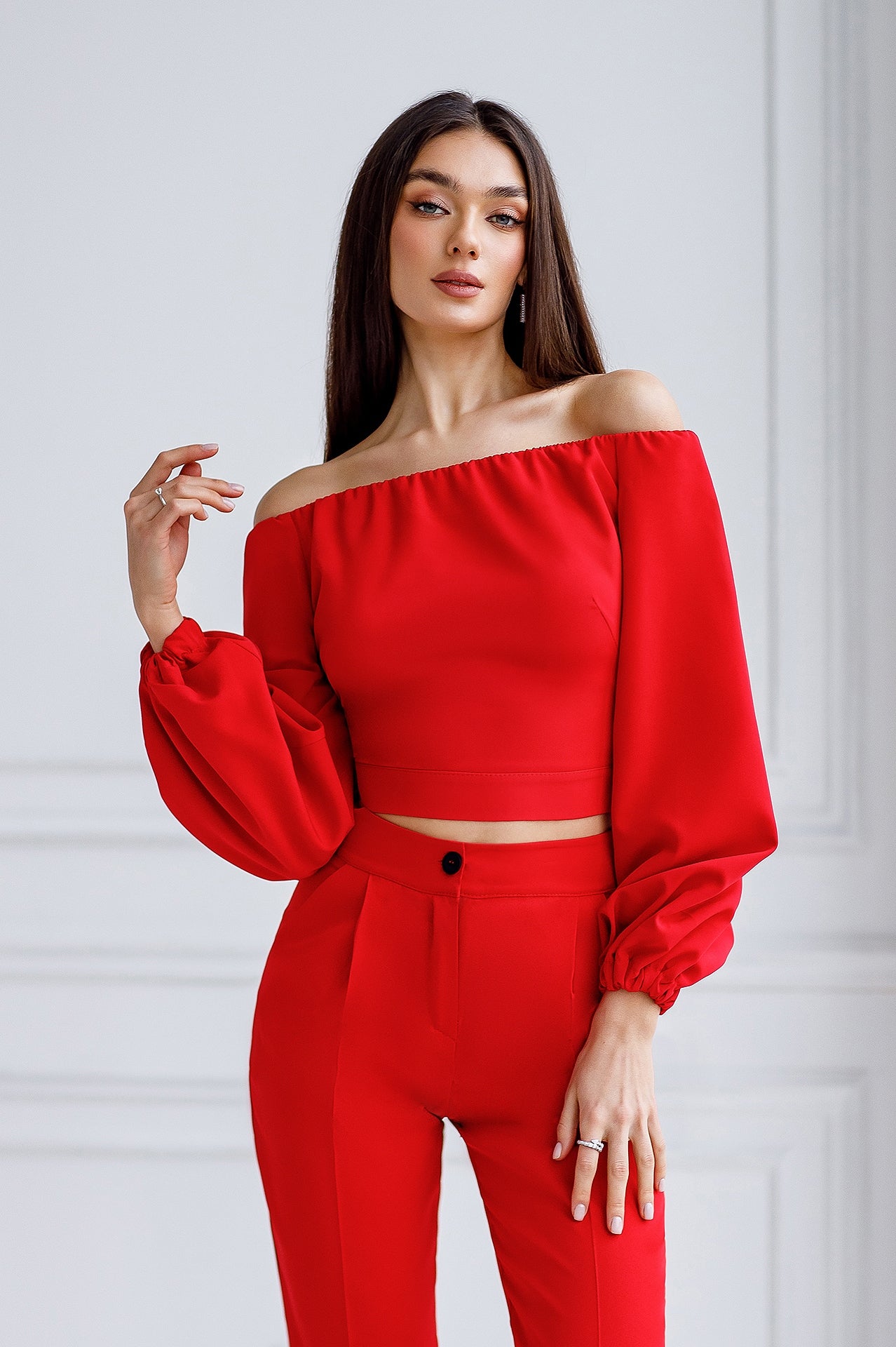 Red Off-The-Shoulder Puff-Sleeve Top