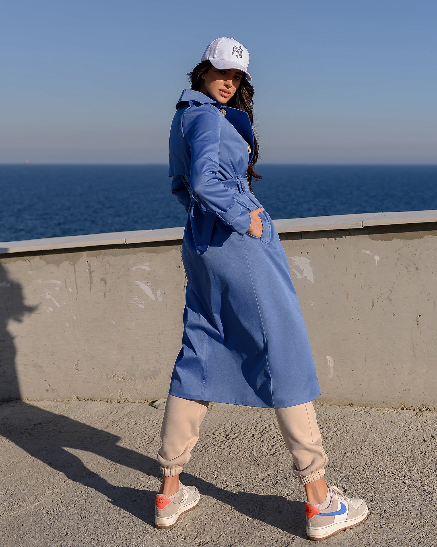 Blue Double-Breasted Belted Trench Coat