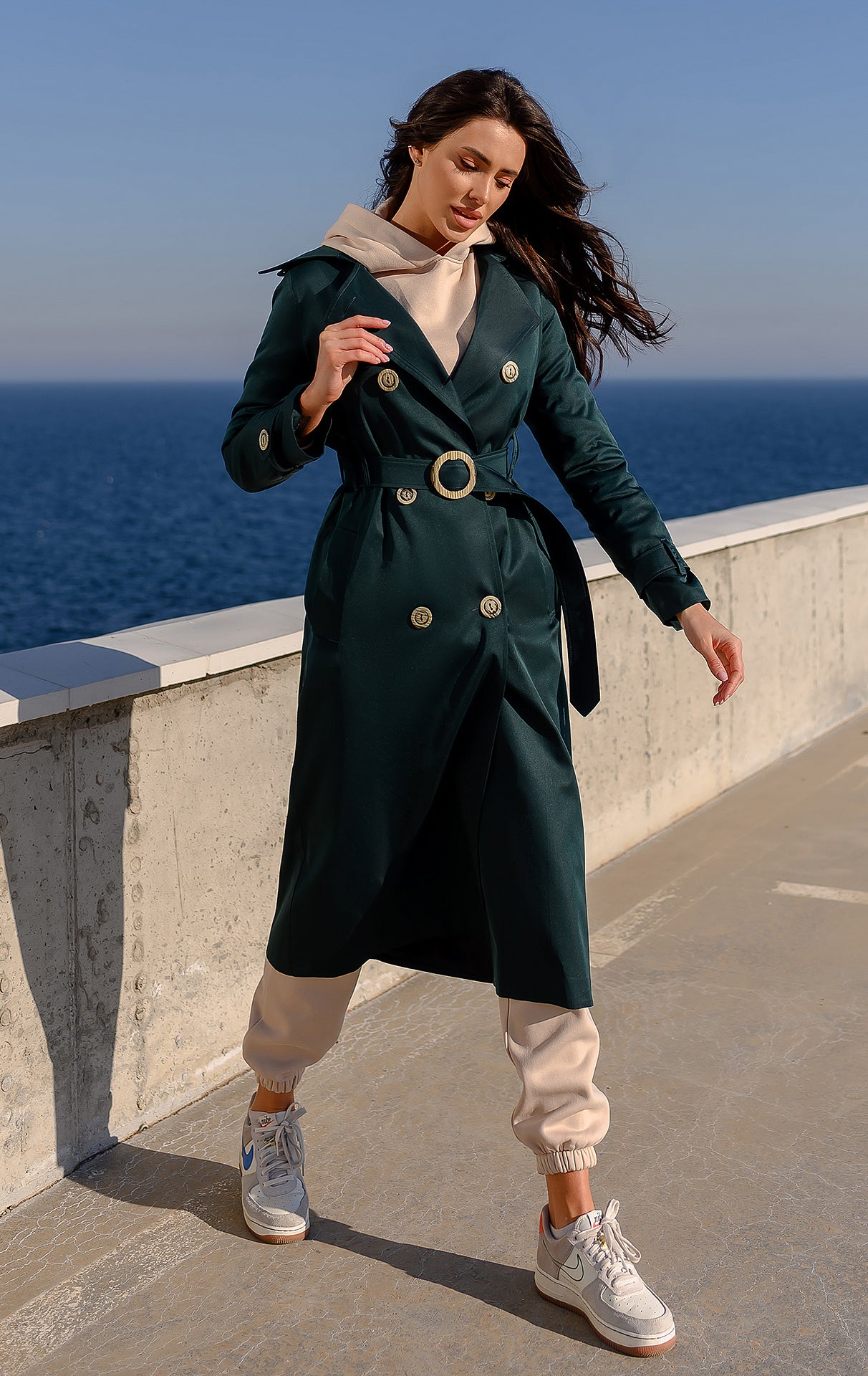 Dark Green Double-Breasted Belted Trench Coat