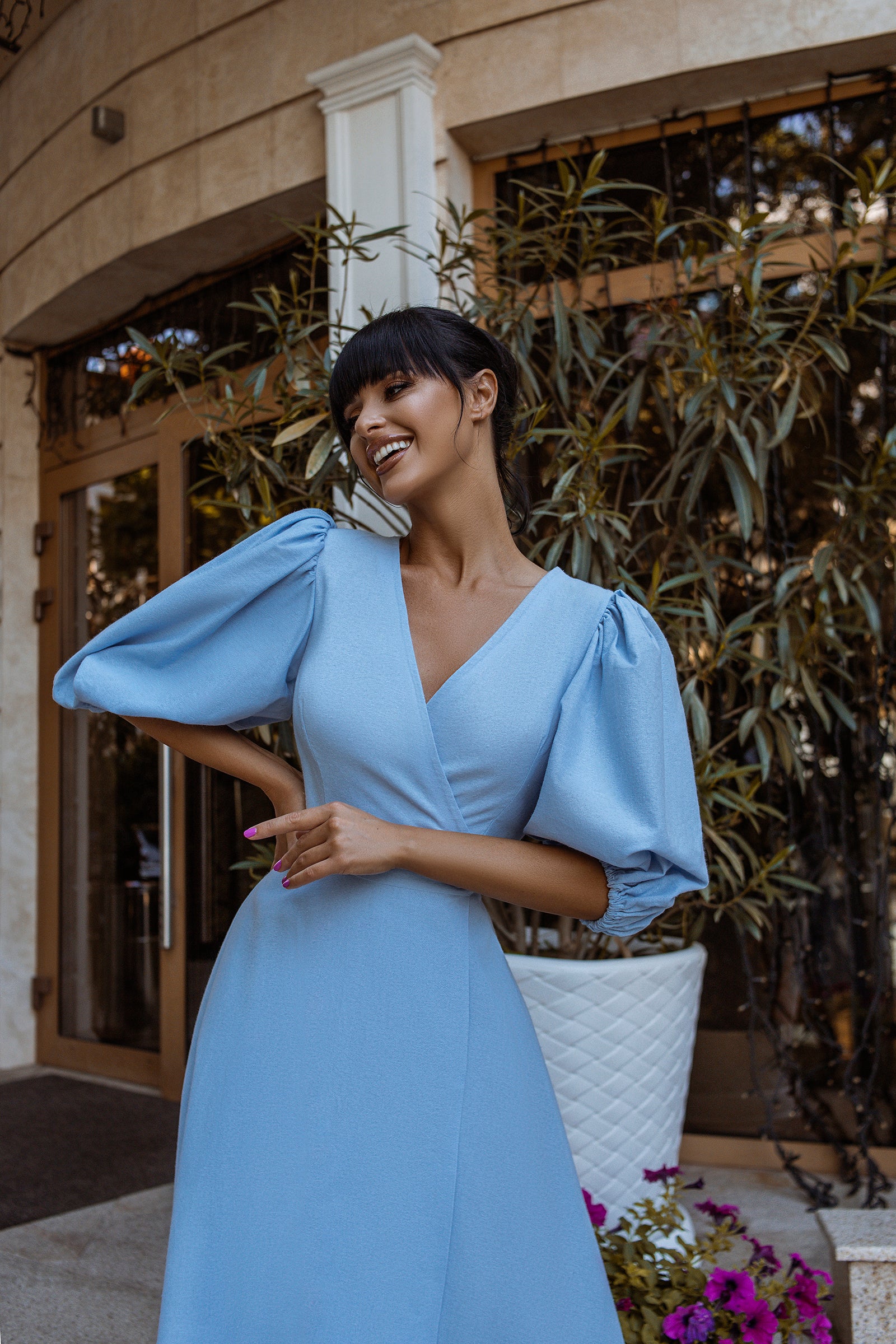 Sky-Blue Puff-Sleeve Wrap Midi Dress