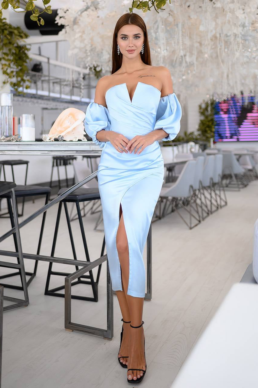 Sky-Blue Satin Puff-Sleeve Midi Dress