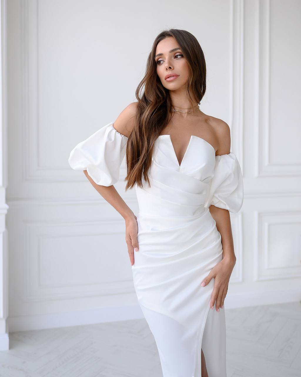White Satin Puff-Sleeve Midi Dress – ELAGIA
