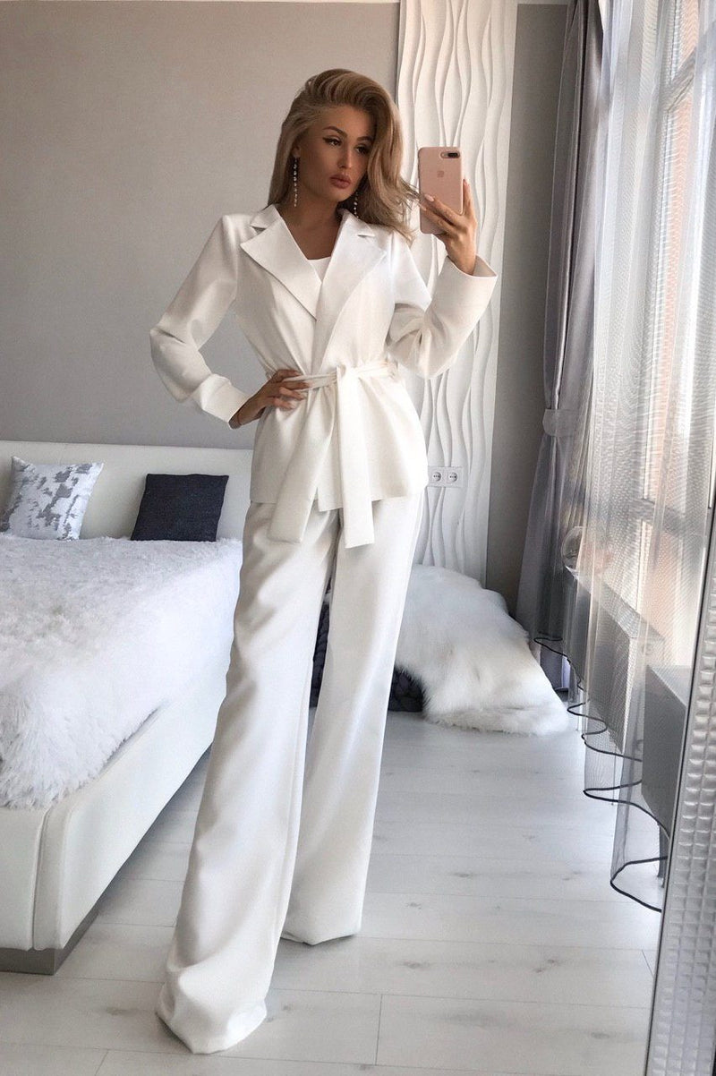 White Belted Wide-Leg Suit 3-Piece – ELAGIA