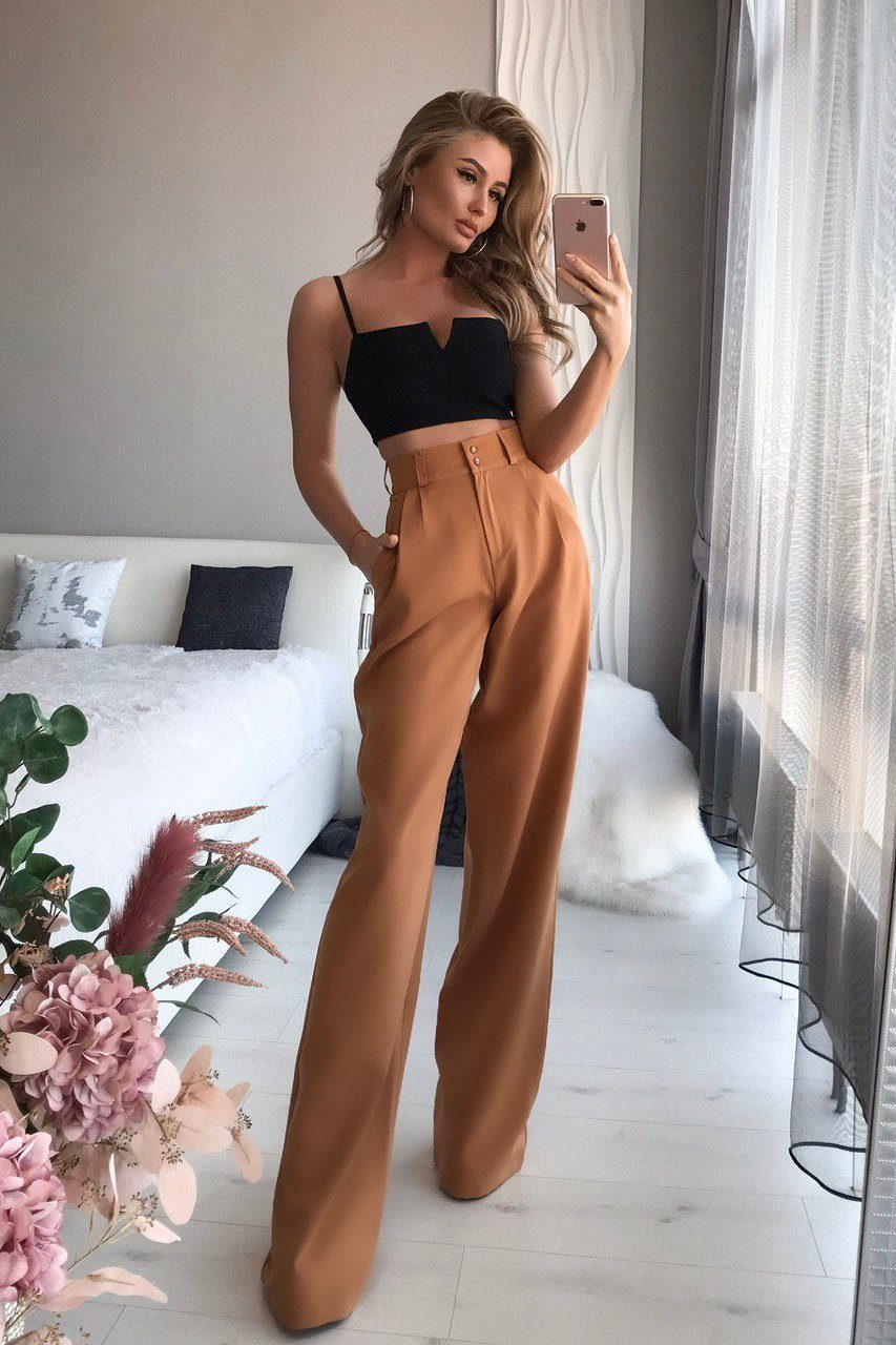 Camel High Waist Fitted Palazzo Pants