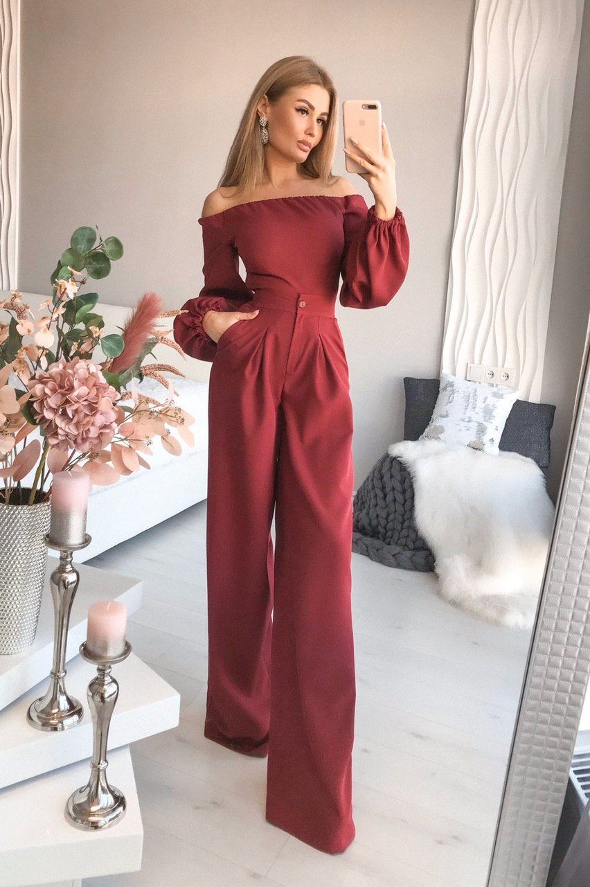 Bordeaux Off-the-shoulder Crop Top & High Waist Pants