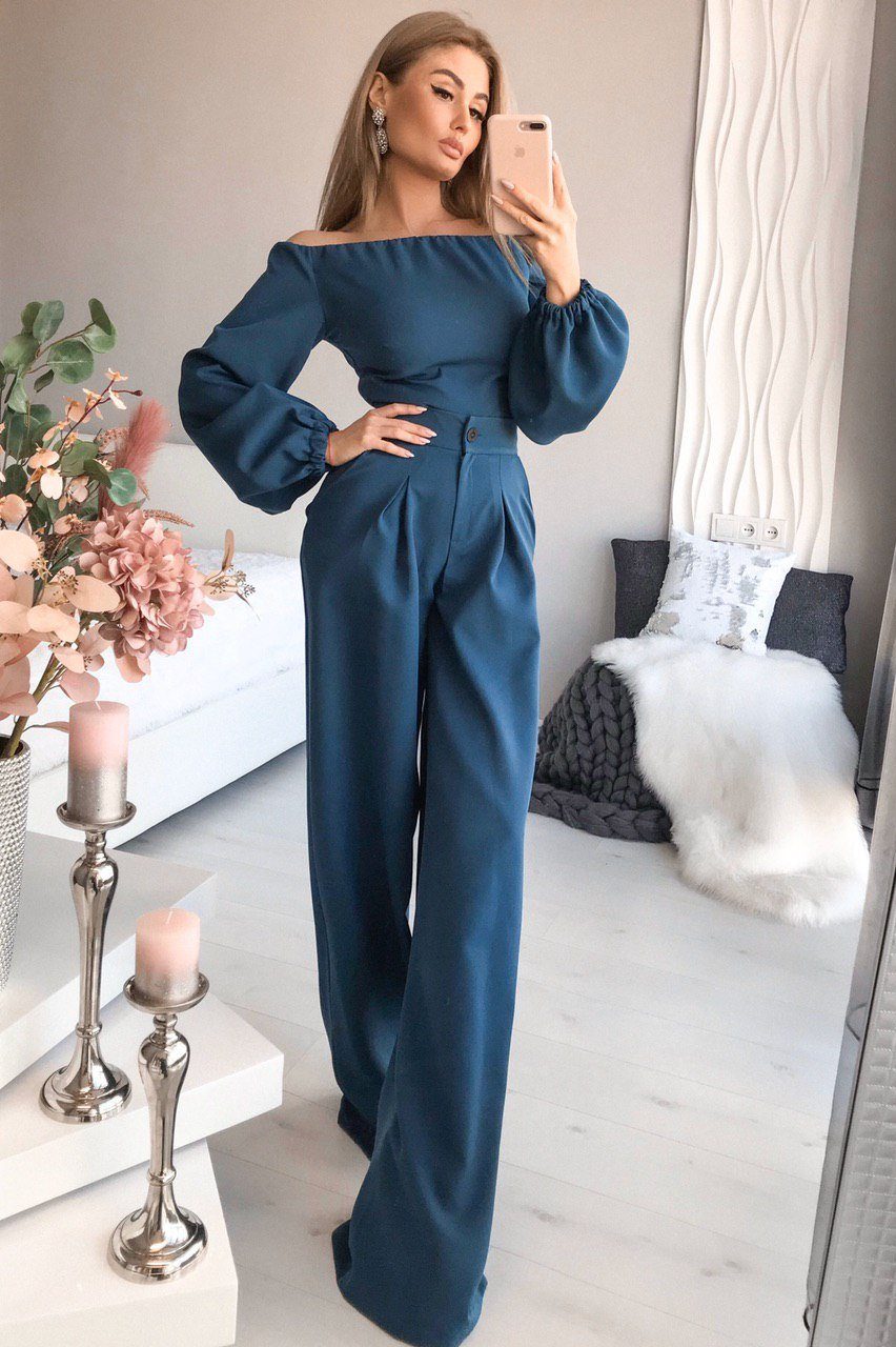 Blue Off-the-shoulder Crop Top & High Waist Pants