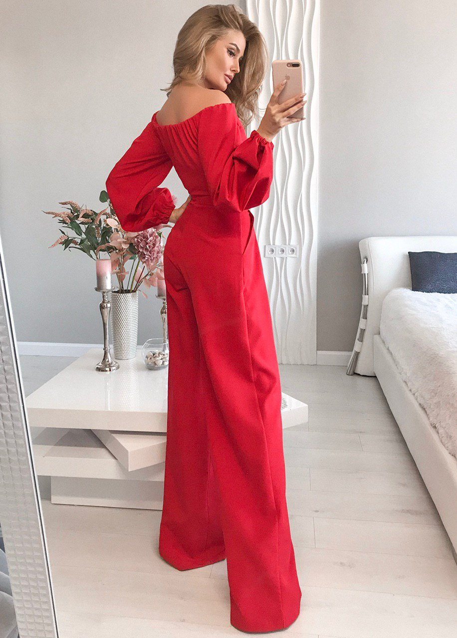 Red Off-the-shoulder Crop Top & High Waist Pants