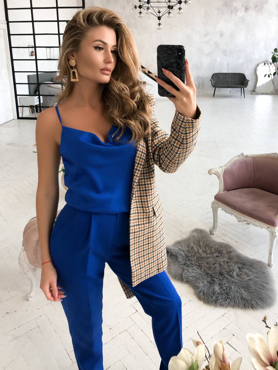 Blue High Waisted Regular Fit Pants