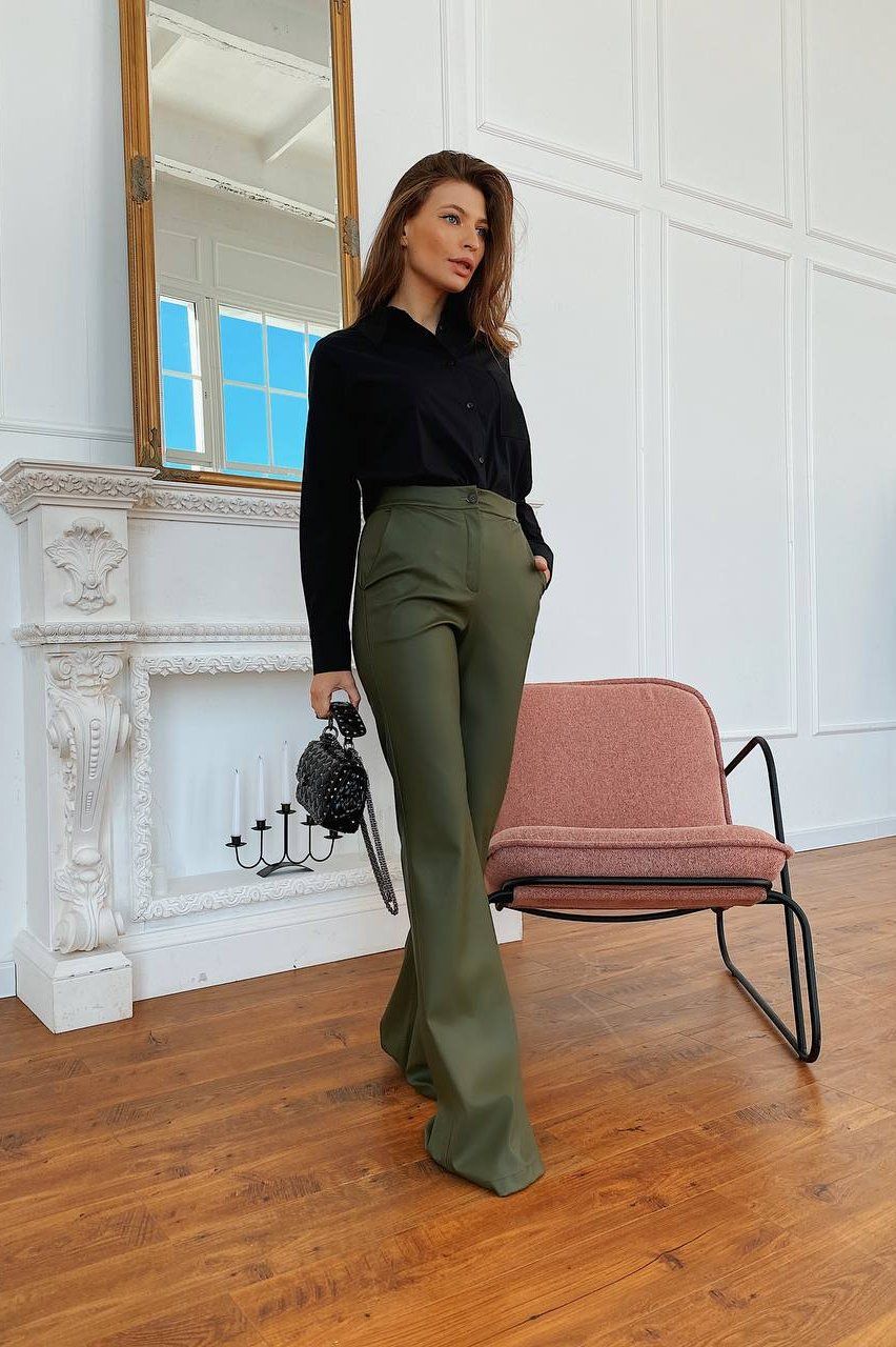 Khaki Vegan Leather Flare Pants