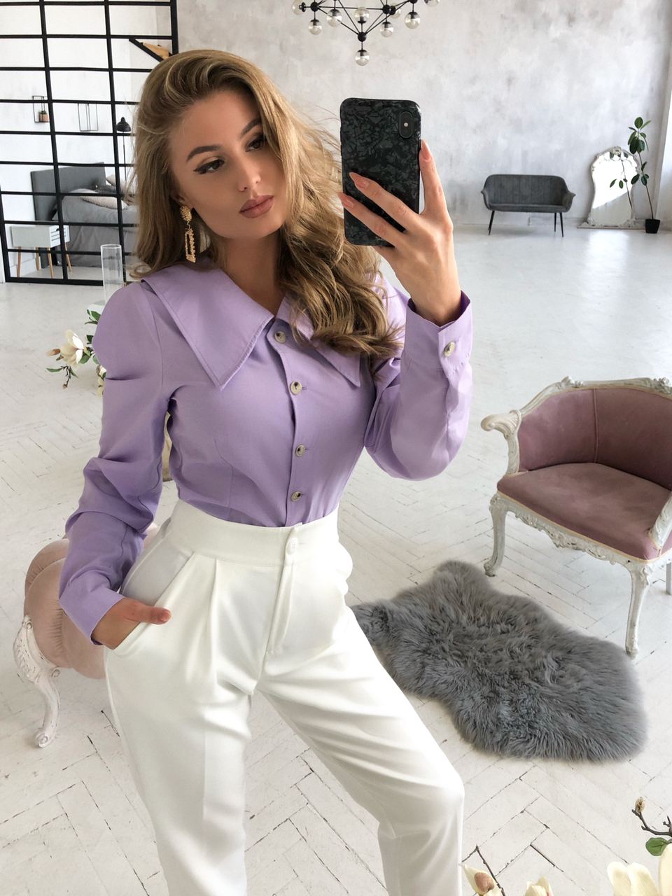 Lavender Puff Sleeve Collared Blouse