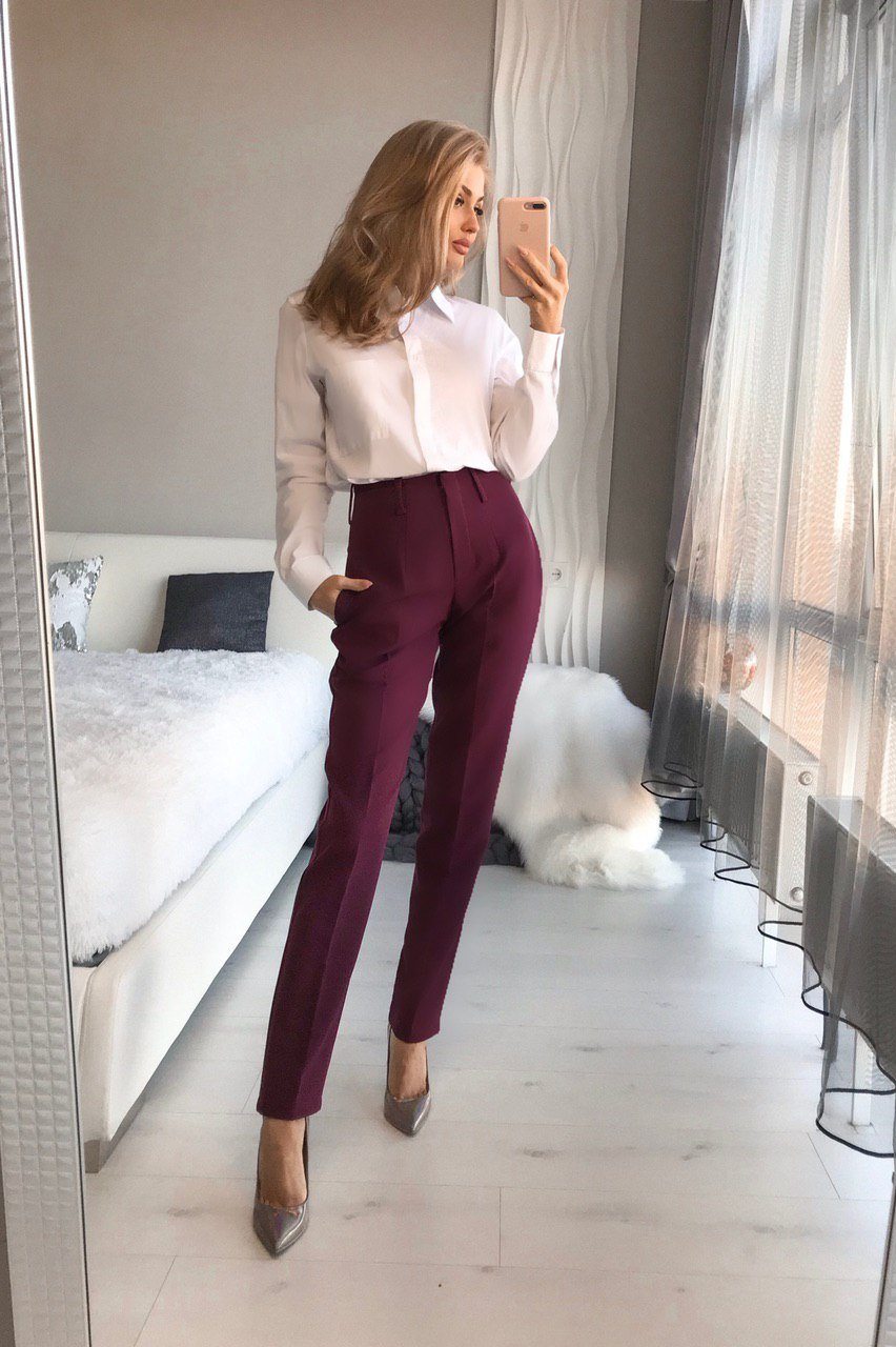 Bordeaux High Waisted Regular Fit Pants Front