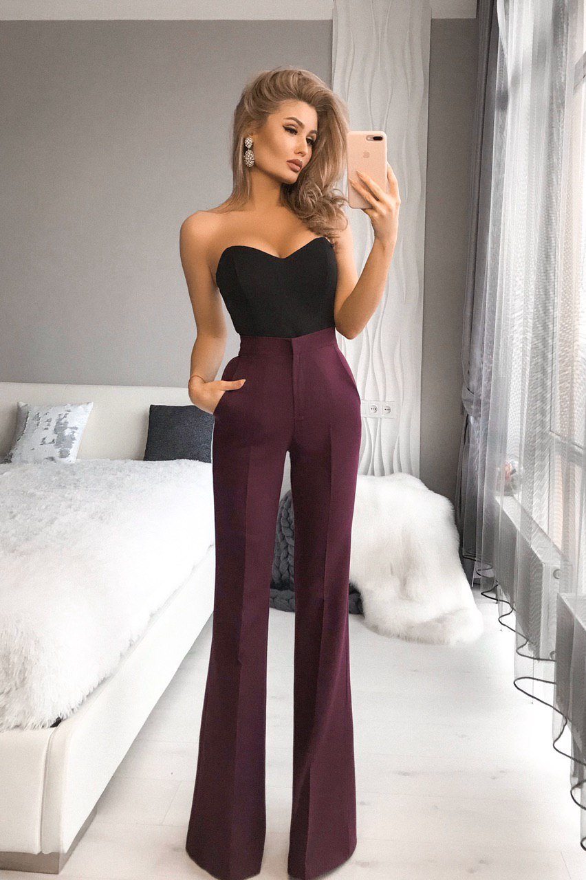 Bordeaux High Waist Fitted Flared Pants