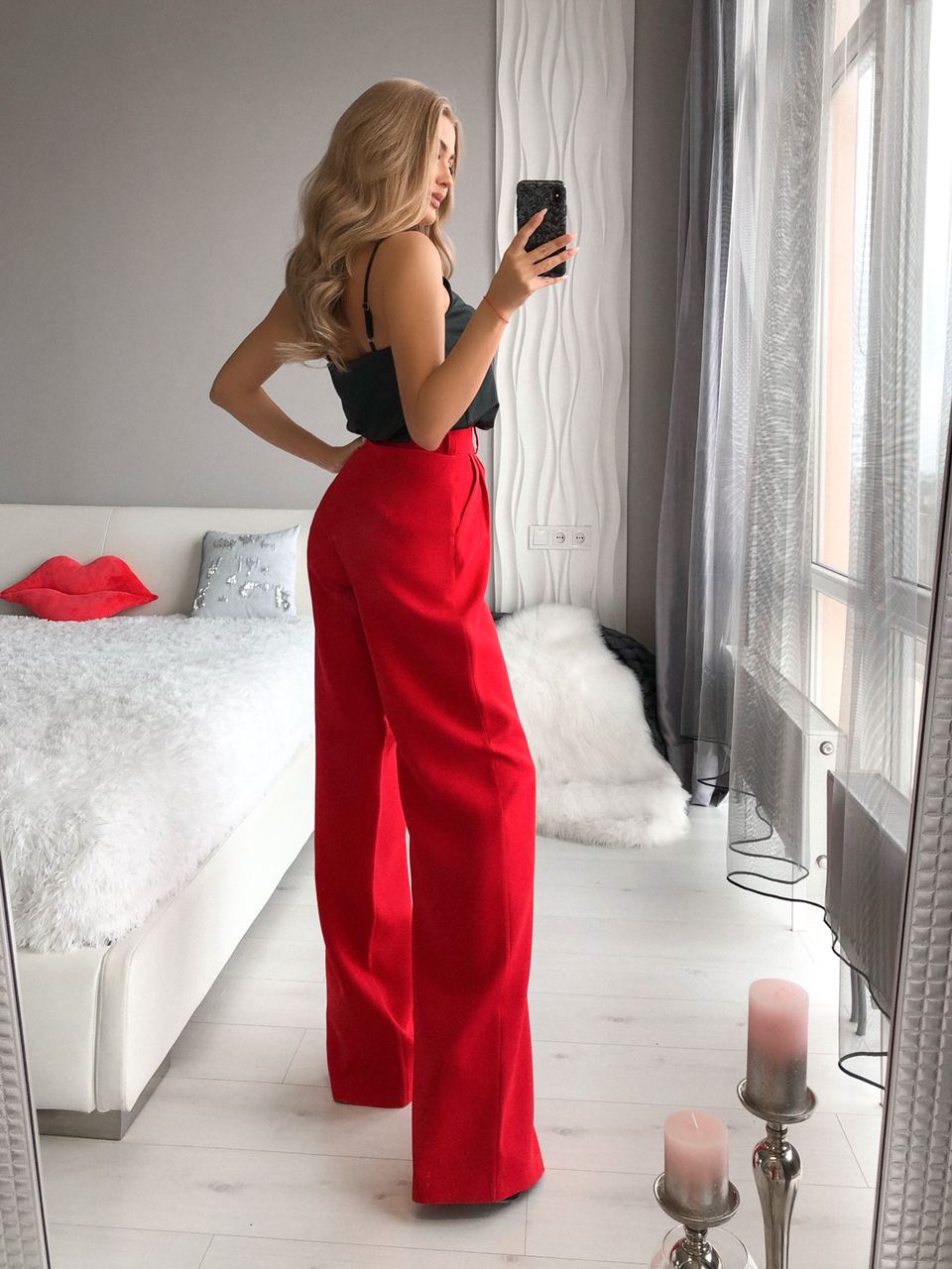 Red High Waist Fitted Palazzo Pants