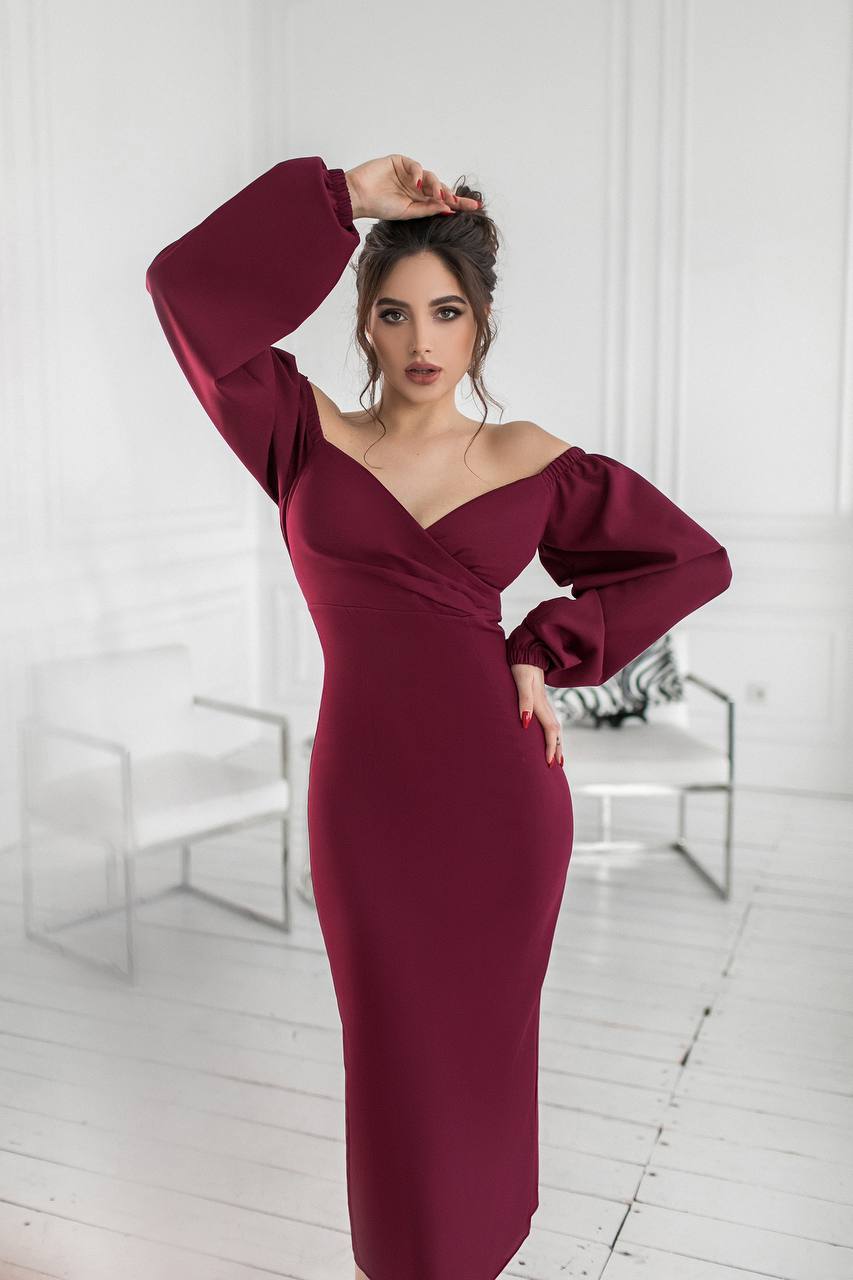 Bordeaux Puff-Sleeve Midi Dress – ELAGIA