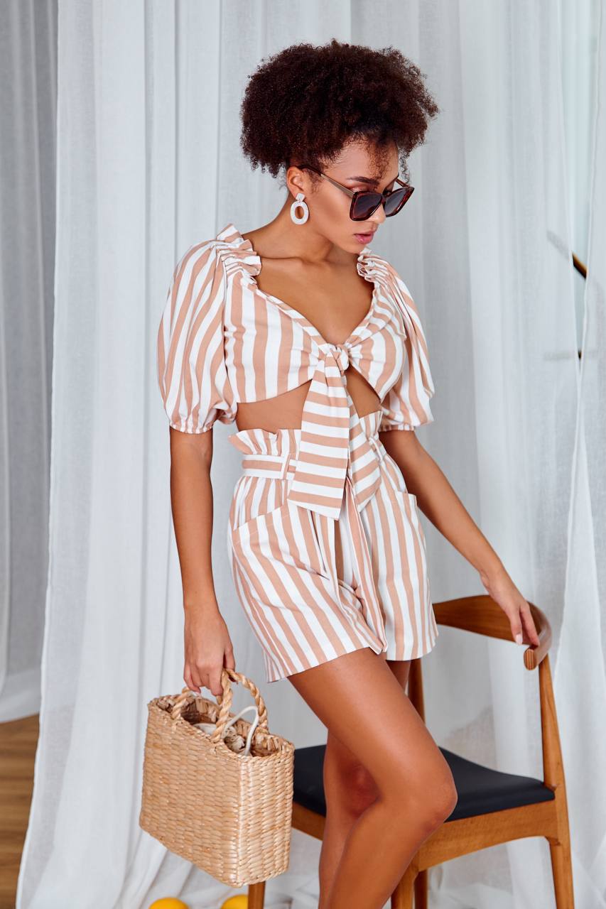 Linen Beige Striped Top & Shorts 2-Piece Set