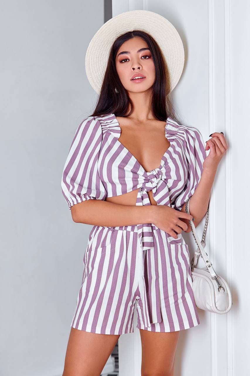 Linen Lavender Striped Top & Shorts 2-Piece Set