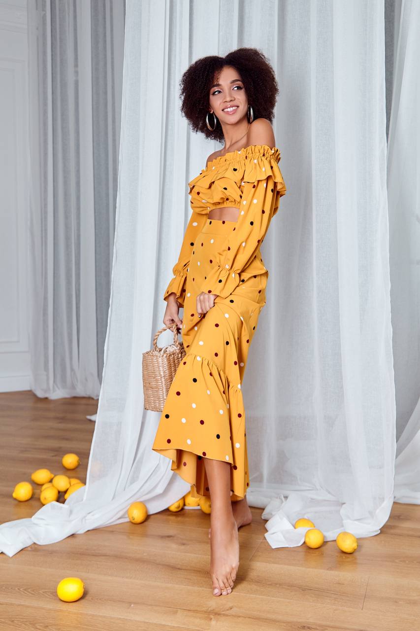 Mustard Polka Dot Top & Maxi Skirt 2-Piece Set