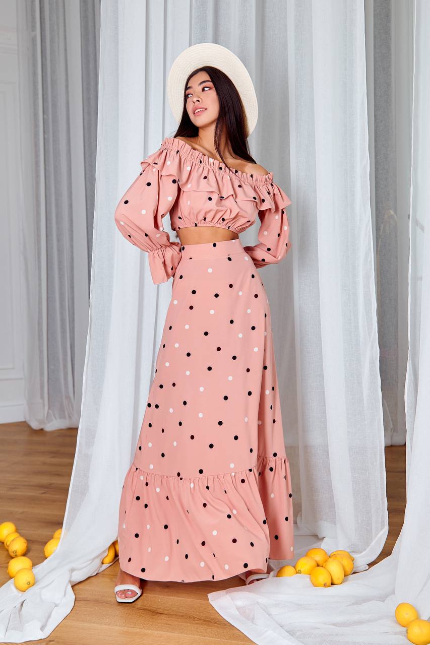 Dusty Pink Polka Dot Top & Maxi Skirt 2-Piece Set