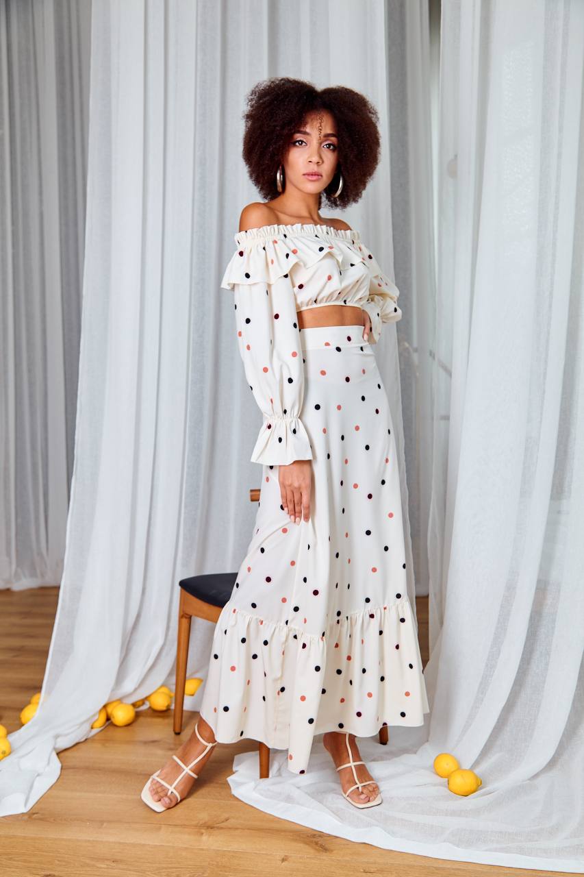 White Polka Dot Top & Maxi Skirt 2-Piece Set